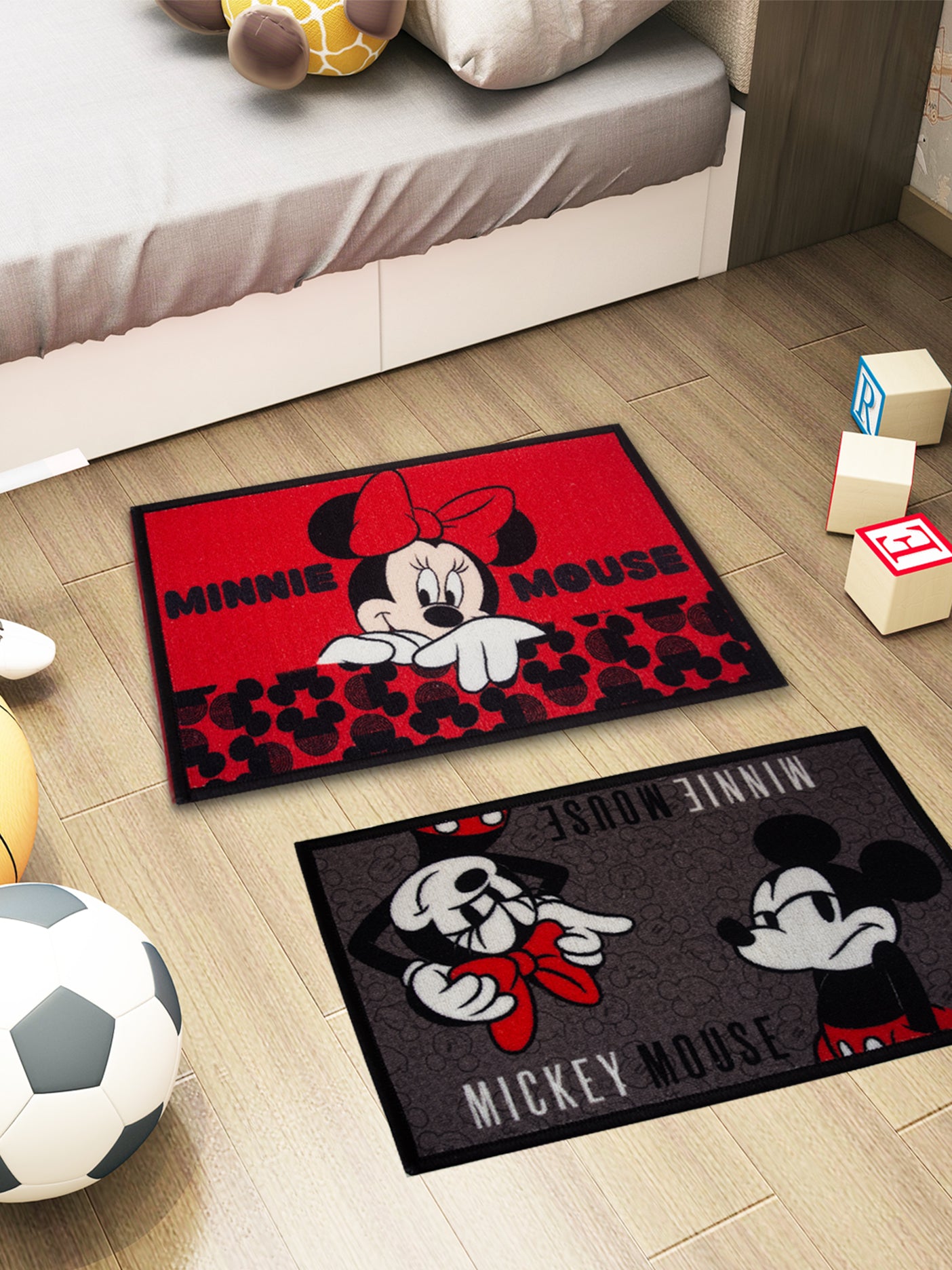Premium Athom Living kids doormat set with Disney Mickey & Minnie Mouse prints, anti-slip latex backing, nylon fabric, pack of 2, multicolor design.