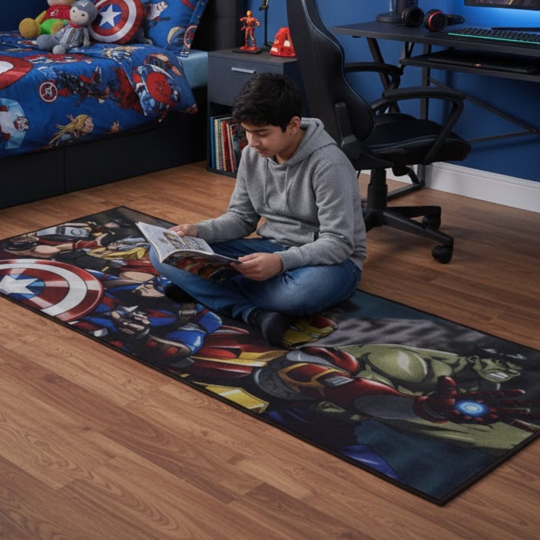 Premium Avengers themed kids runner carpet designed for comfort and style, featuring heroes in action, perfect for making your child’s room lively and full of imagination and play.
