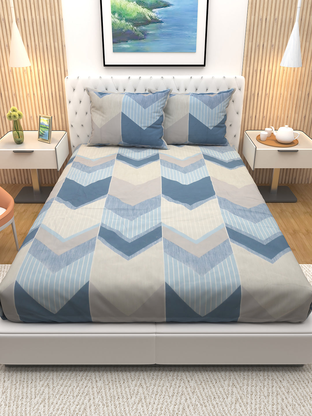 Premium Bloom Cream double bedsheet set from Athom Living featuring two pillow covers and a soothing floral print, ideal for creating a cozy, stylish bedroom setup with a premium-quality bedsheet finish.