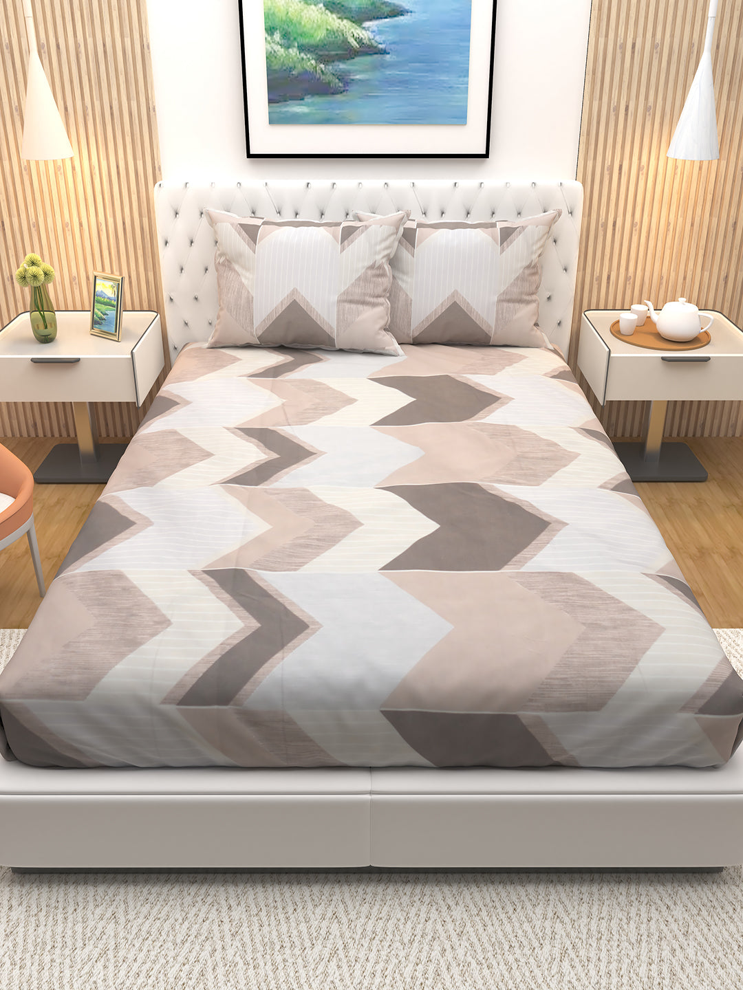 Premium Bloom double bedsheet with elegant brown arrow stripes and two matching pillow covers by Athom Living, designed to enhance bedroom décor with a soft, stylish bedsheet for everyday comfort.