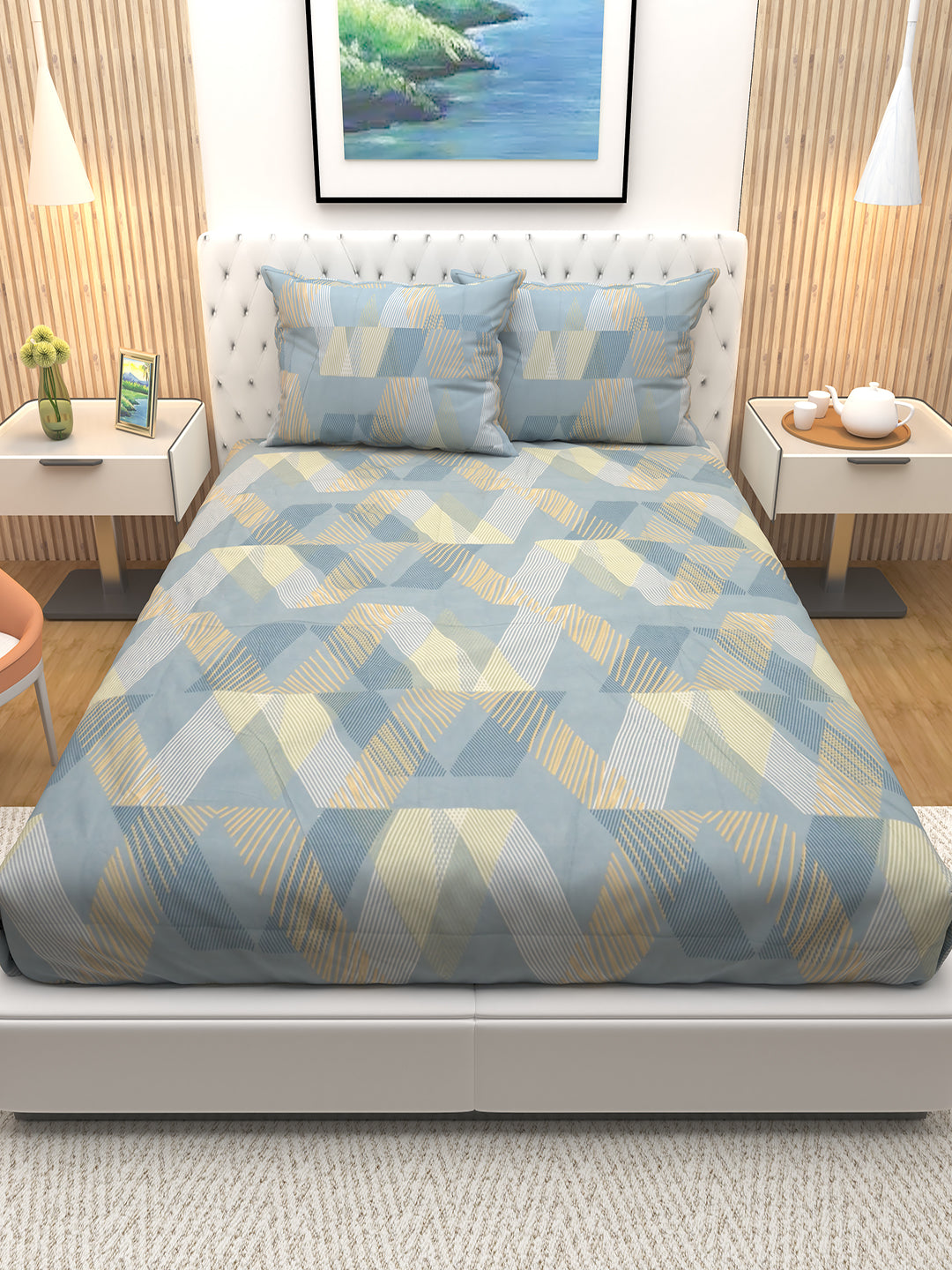 Premium Cheques Blue Stripes double bedsheet by Athom Living displayed neatly on a bed with two matching pillow covers, showcasing elegant design, soft fabric, and stylish home décor appeal for modern bedrooms.