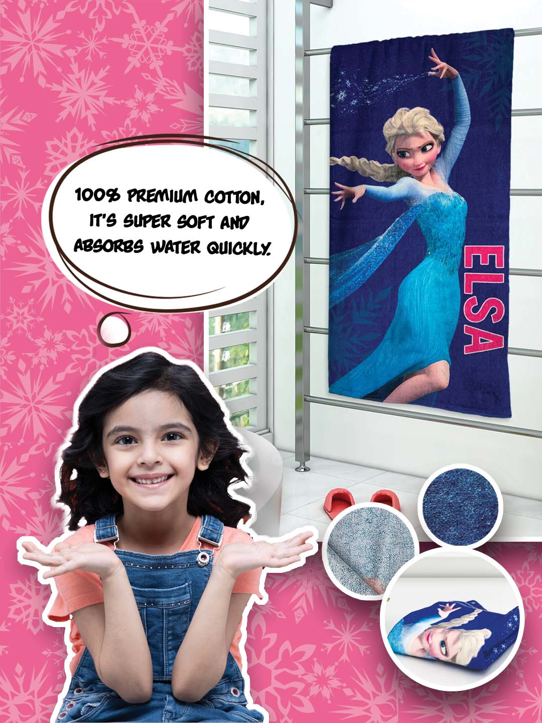 Premium Disney Elsa Frozen Kids Bath Towel – 100% Cotton, 350 GSM, 60x120 cm, lightweight, absorbent, perfect for everyday use by Athom Living.