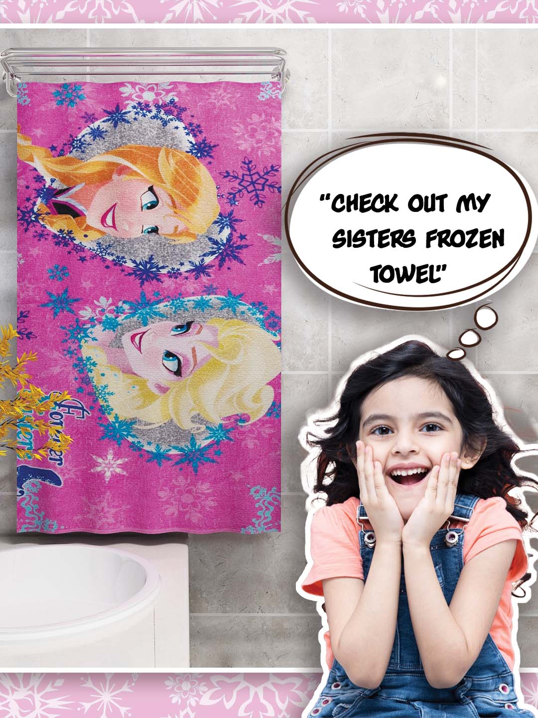 Premium Disney Frozen Anna & Elsa kids bath towel, 350 GSM cotton fabric, size 60x120 cm. Gentle on skin and quick drying for daily kids bath use.