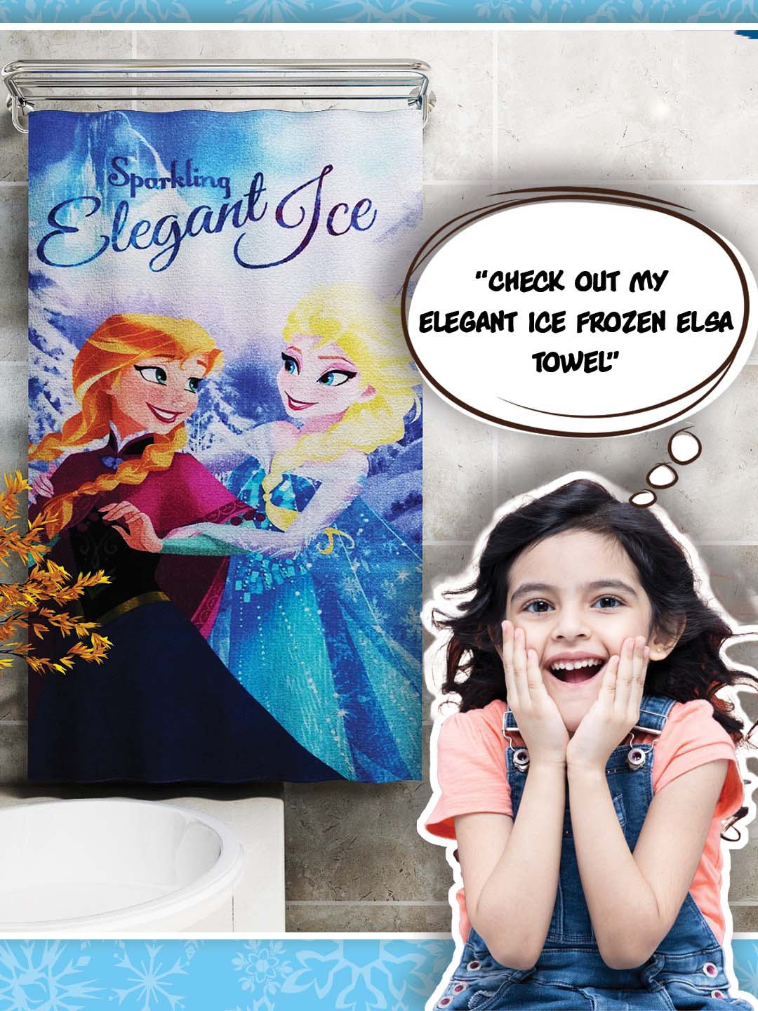 Premium Disney Frozen Elegant Ice kids cotton bath towel made with 350 GSM fabric in 60x120 cm size, offering high absorbency, soft touch, durable stitching, and a colorful design ideal for children’s bath towel needs.