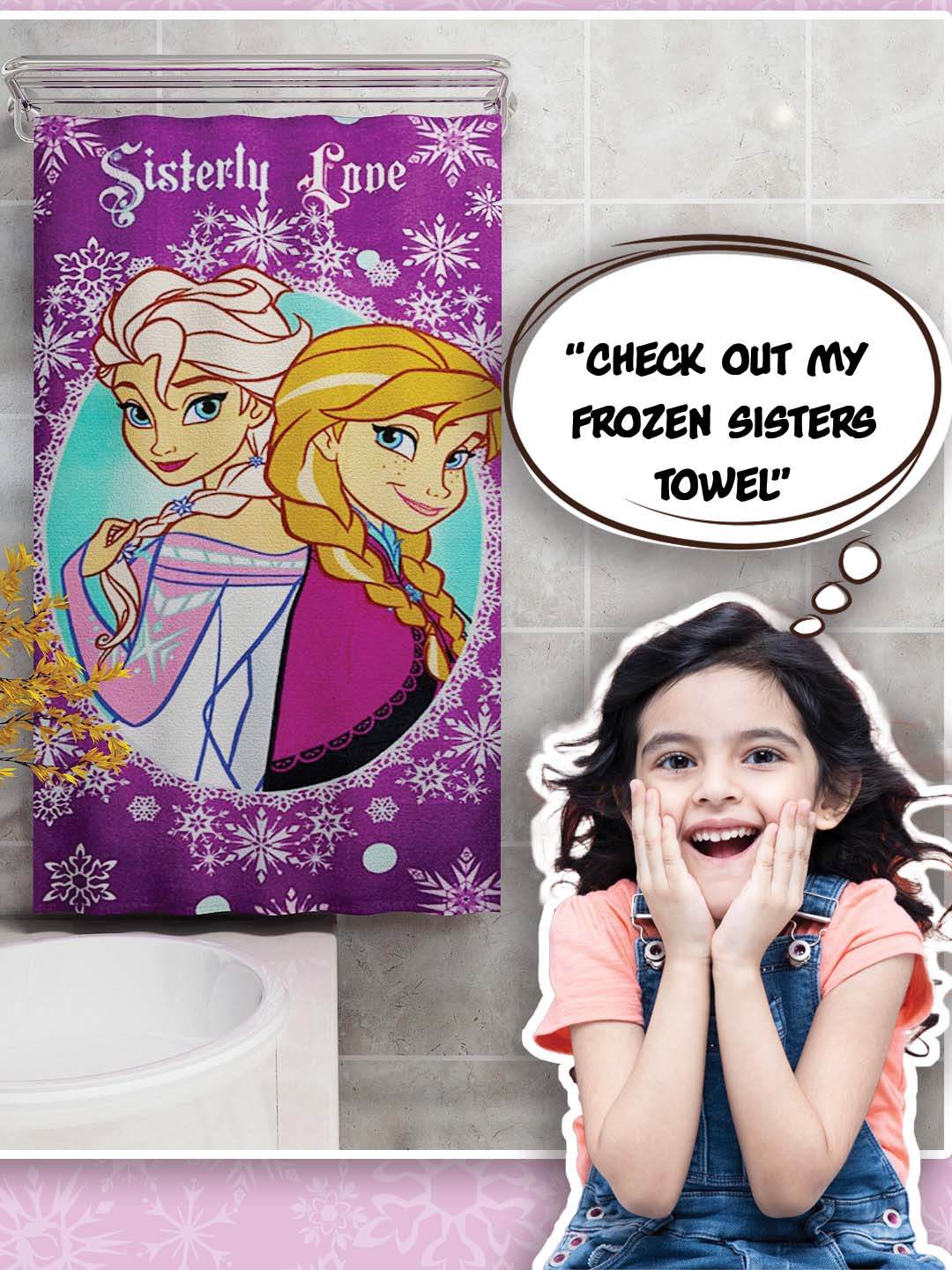 Premium Disney Frozen Sisterly Love kids bath towel in 350 GSM cotton, offering high absorbency and softness; ideal 60x120 cm size with Elsa and Anna print for kids who love their favourite characters.