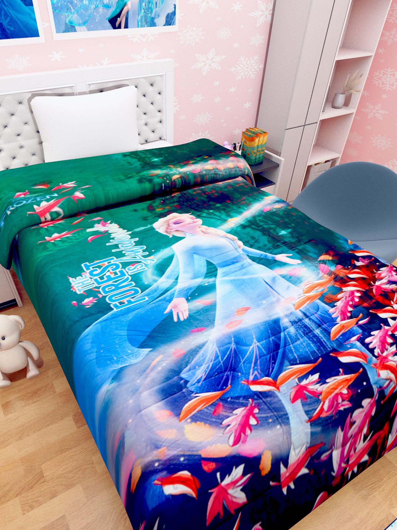 Premium Disney Frozen kids comforter – single size, "Forest Is Awakened" print, ideal for kids who love Elsa and Anna, cozy and durable all-season bedding.