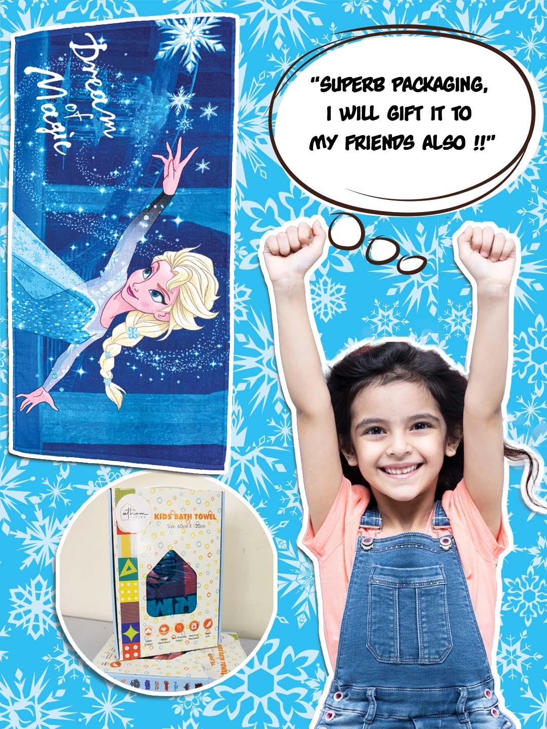 Premium Disney Frozen kids towel 350 GSM – Athom Living 100% cotton bath towel 60x120 cm, soft, absorbent, and long-lasting.