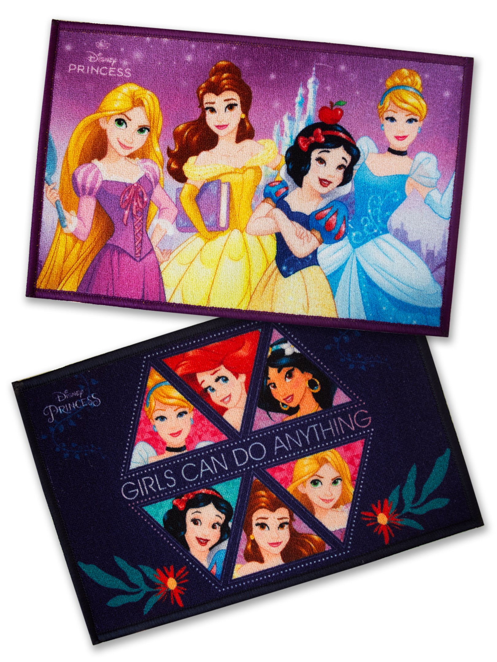 Premium Disney Princess girls doormat set of 2 by Athom Living, multicolor nylon, anti-skid latex backing, kids safe, soft, durable and easy to clean.