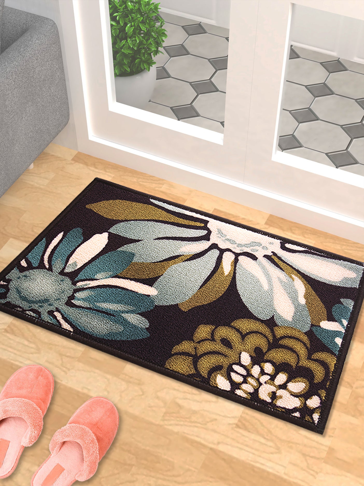 Premium Flower Canvas doormat or bathmat by Athom Living, anti-slip surface, vibrant floral print, perfect for entryways, enhancing home décor with comfort and style, durable and easy to clean.