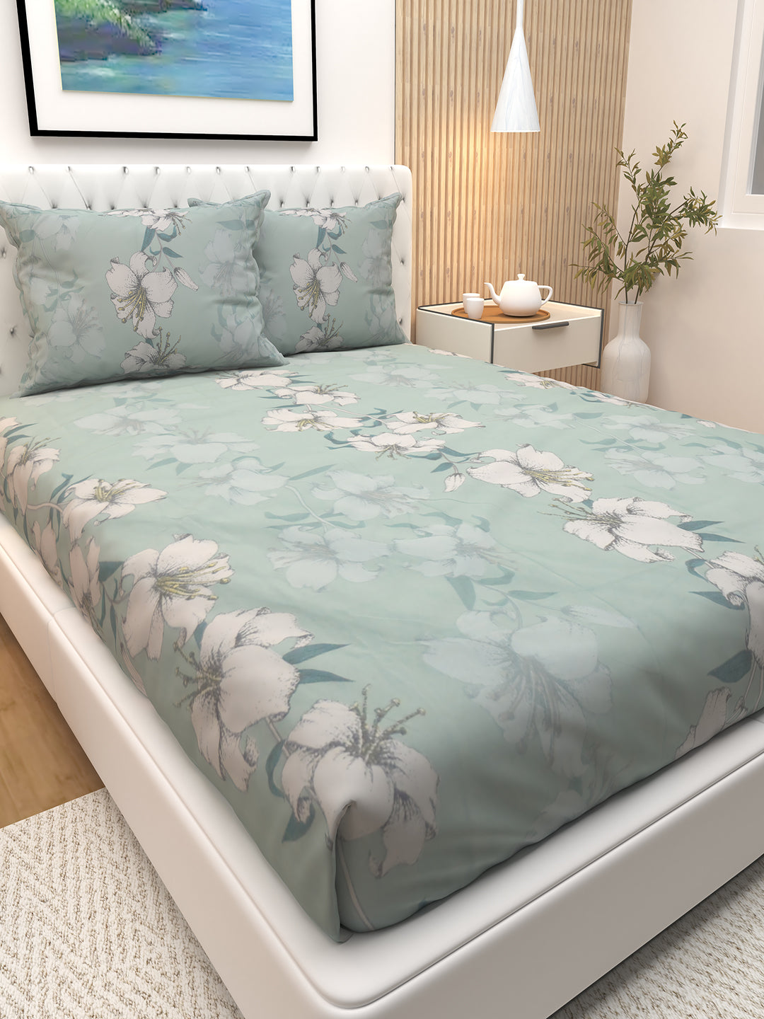 Premium Glaciers Green bedsheet with vibrant Viola flowers and 2 pillow covers, crafted with soft microfibre fabric by Athom Living, ideal for a comfortable, luxurious, and colorful bedroom setup.