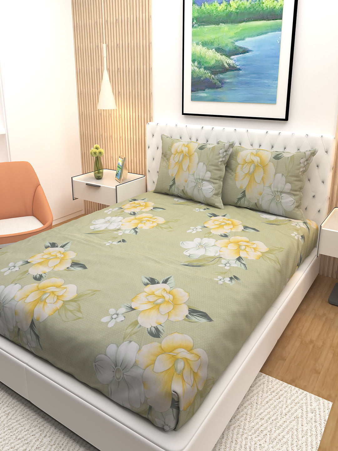 Premium Glory Green Maple Flower Print bedsheet from Athom Living, showcasing vibrant green tones and floral design, paired with two comfy pillows for a modern and refreshing bedroom look.