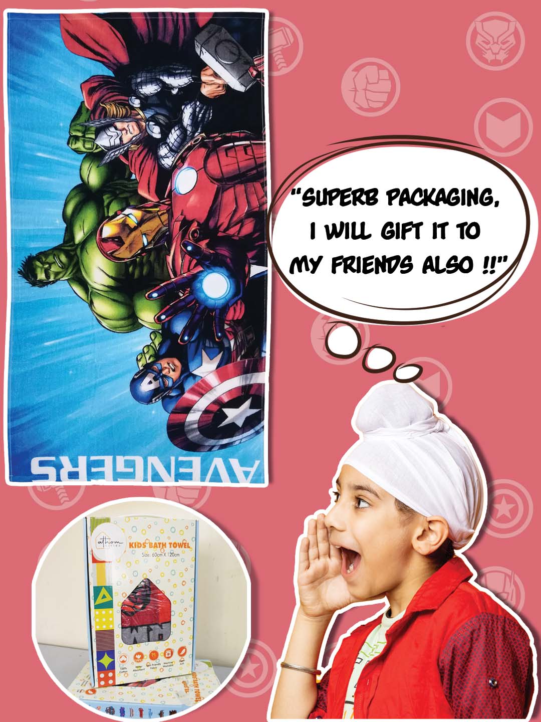 Premium Marvel Avengers Group kids bath towel made with ultra-soft 350 GSM cotton. Sized 60x120 cm, it features bold superhero prints and offers excellent absorbency, perfect for kids who enjoy Marvel adventures.