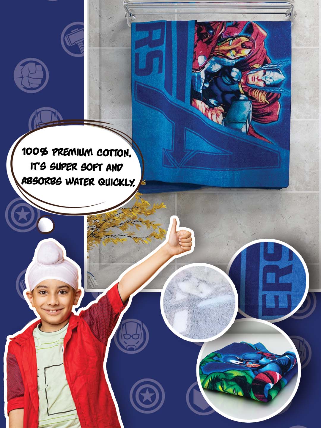 Premium Marvel Avengers kids towel 60x120 cm – ultra-soft 350 GSM cotton bath towel for boys & girls with superhero design.