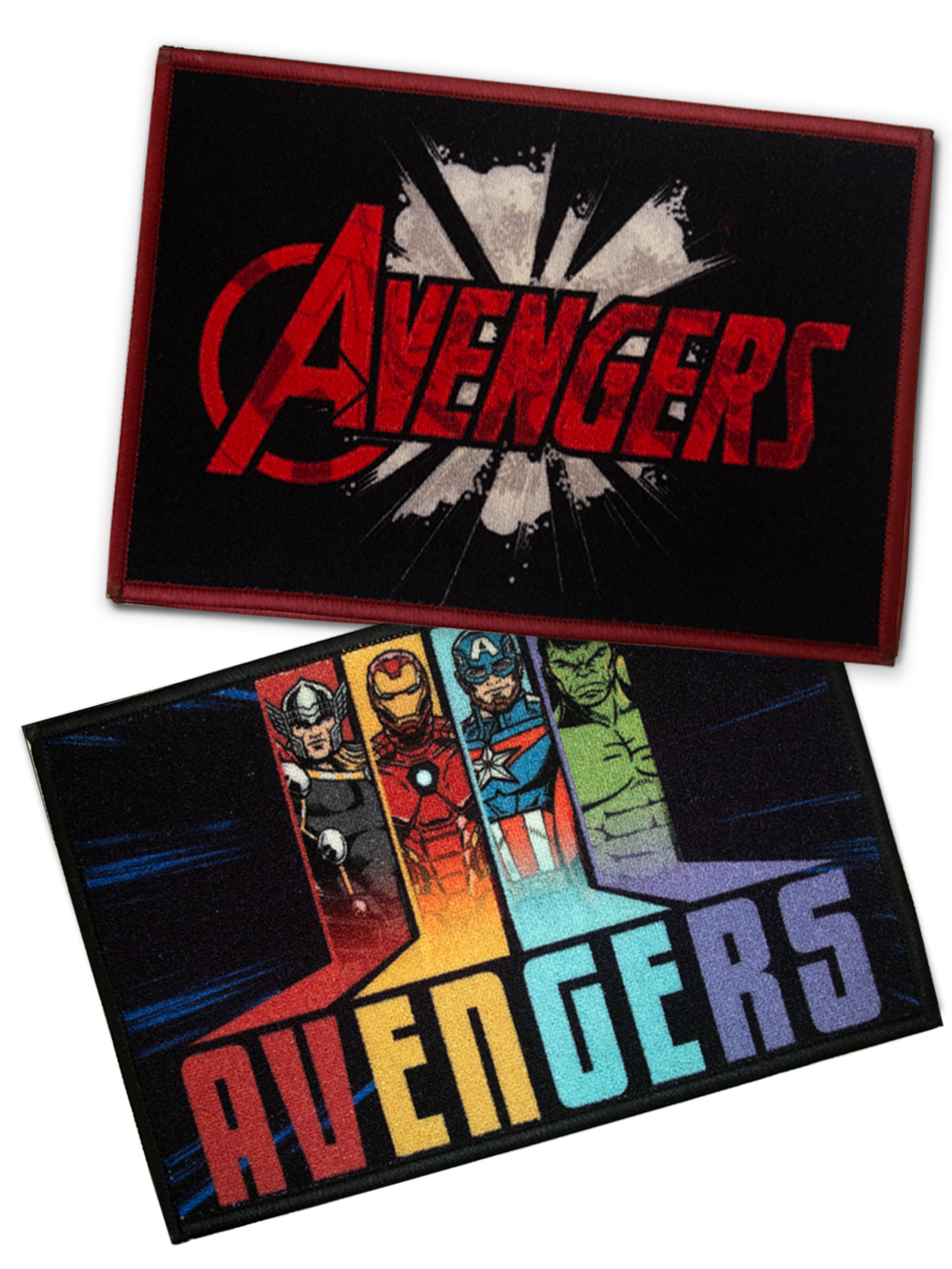 Premium Marvel Avengers nylon doormat with red text and character print, anti-skid latex backing, size 37x57 cm, pack of 2 for kids' rooms.

