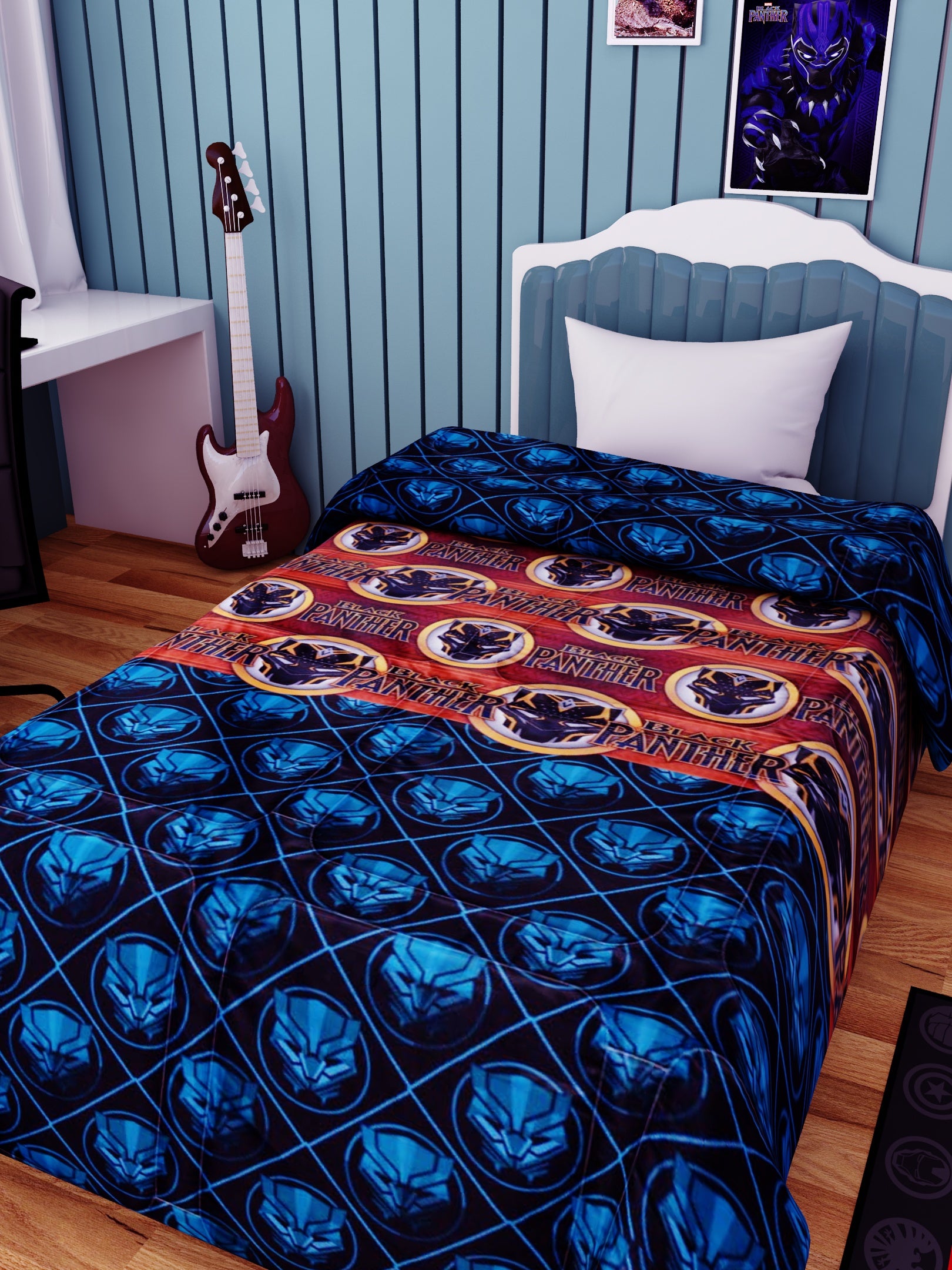 Premium Marvel Black Panther kids comforter featuring cool superhero prints – perfect for kids who love Marvel and want comfy bedding.