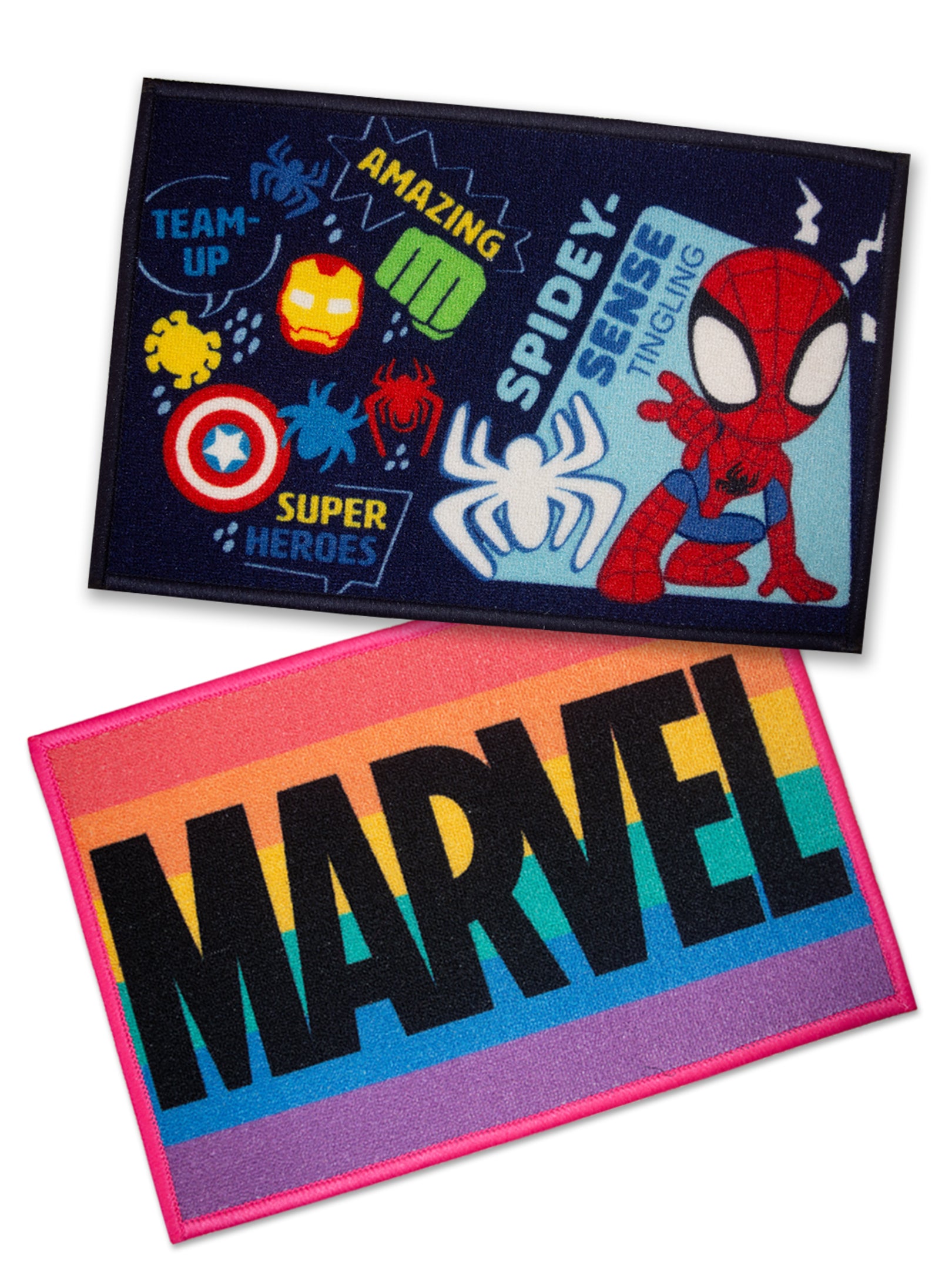 Premium Marvel Spidey Sense kids doormat, vibrant rainbow colors, nylon material, latex backing, anti-slip, 37x57 cm, pack of 2 for home décor.

