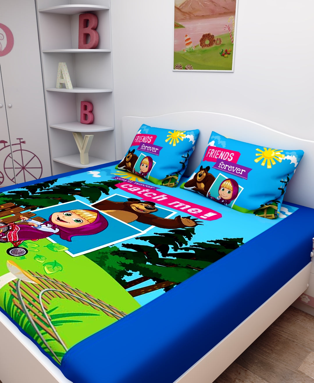Premium Masha and the Bear themed kids Cotton Double Bedsheet Set by Athom Living showcasing bright prints, soft cotton material, and two coordinated pillow covers ideal for enhancing comfort and playful room aesthetics.