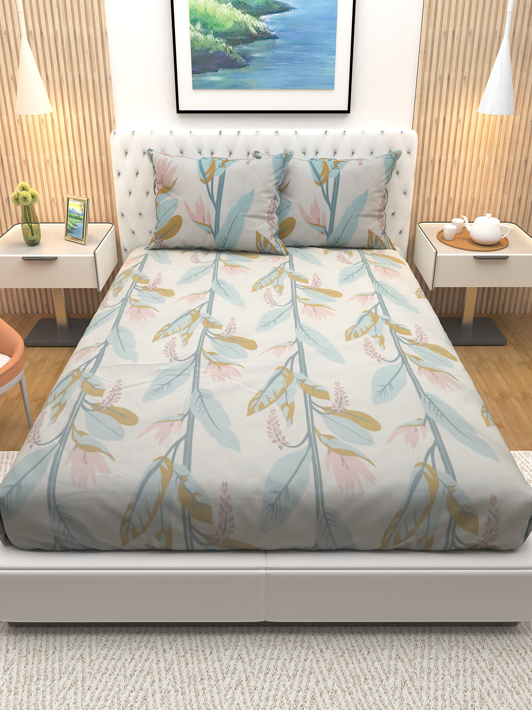 Premium Possy Grey Plant Theme double bedsheet by Athom Living featuring elegant botanical prints, soft fabric, and two matching pillow covers, designed for modern bedrooms needing a stylish bedsheet.