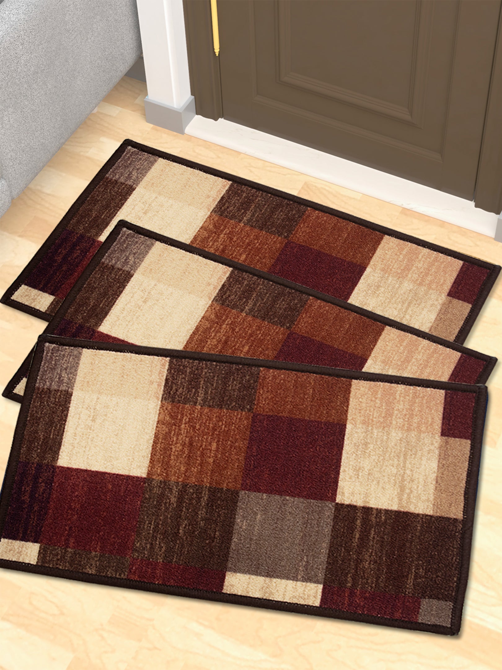 Premium anti-slip printed doormat set by Athom Living featuring stylish Checkmat designs, ideal for home entryways. This durable doormat pack of 3 offers strong grip, easy cleaning, and long-lasting comfort.