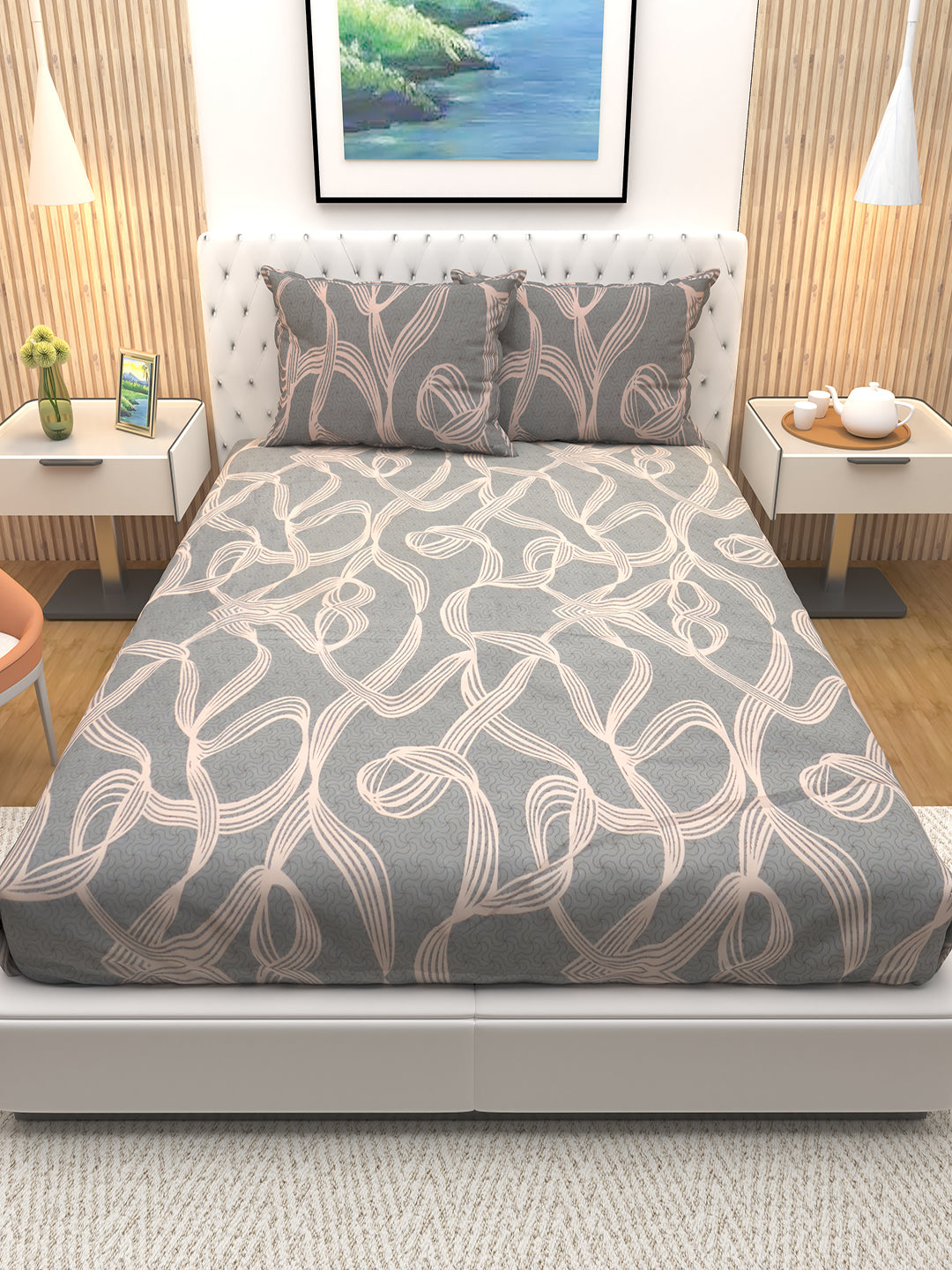 Premium botanical cream and grey striped double bedsheet by Athom Living, featuring soft fabric and matching pillow covers, ideal for modern home décor and comfortable bedroom styling with elegant bedsheet design.