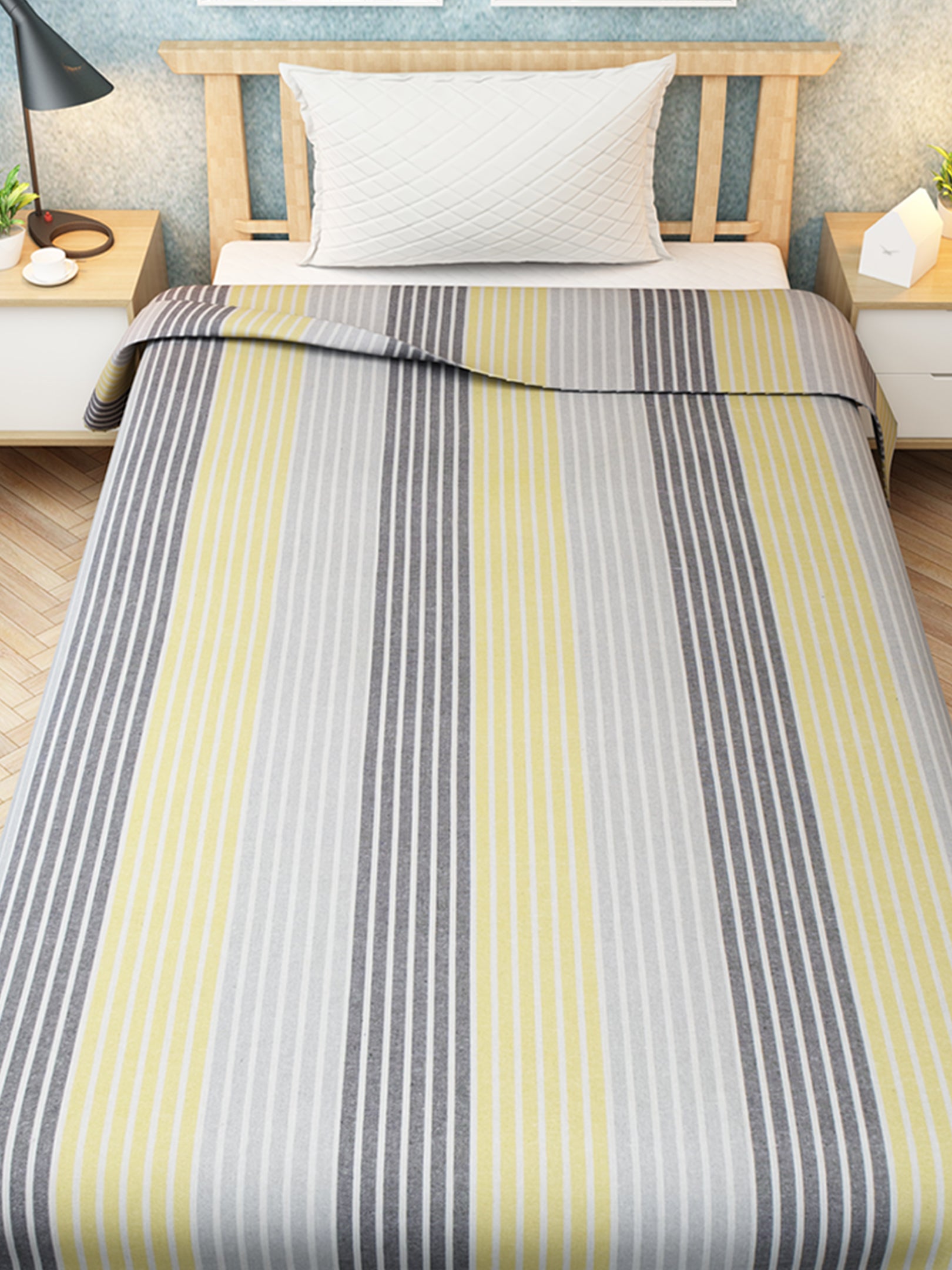 Premium cotton Athom Living chaddar with yellow and grey summer stripes, soft and breathable. Lightweight chaddar designed for all-season comfort and bedroom elegance.