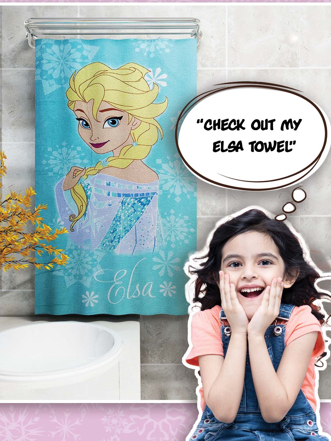 Premium cotton Disney Frozen Elsa kids bath towel, 350 GSM, 60x120 cm – soft, quick-drying, and gentle on children’s skin.