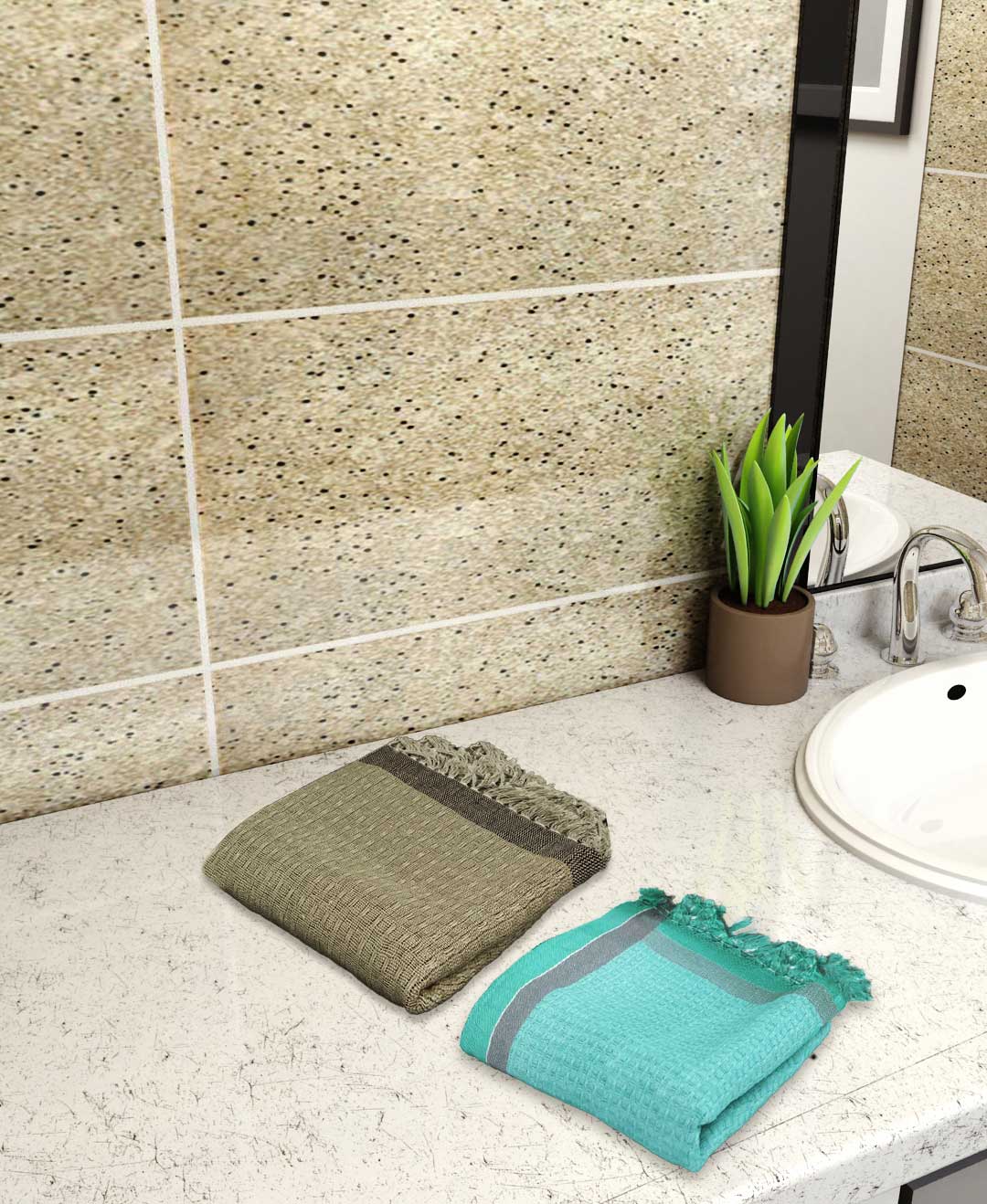 Premium cotton bath towels in brown and light blue