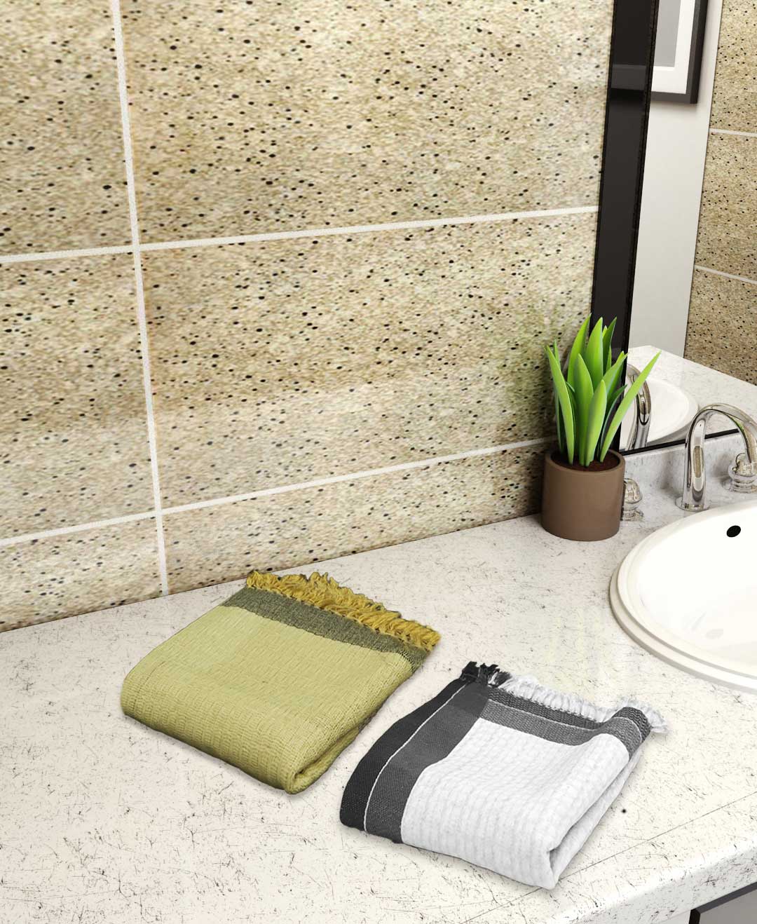 Premium cotton bath towels in yellow and white