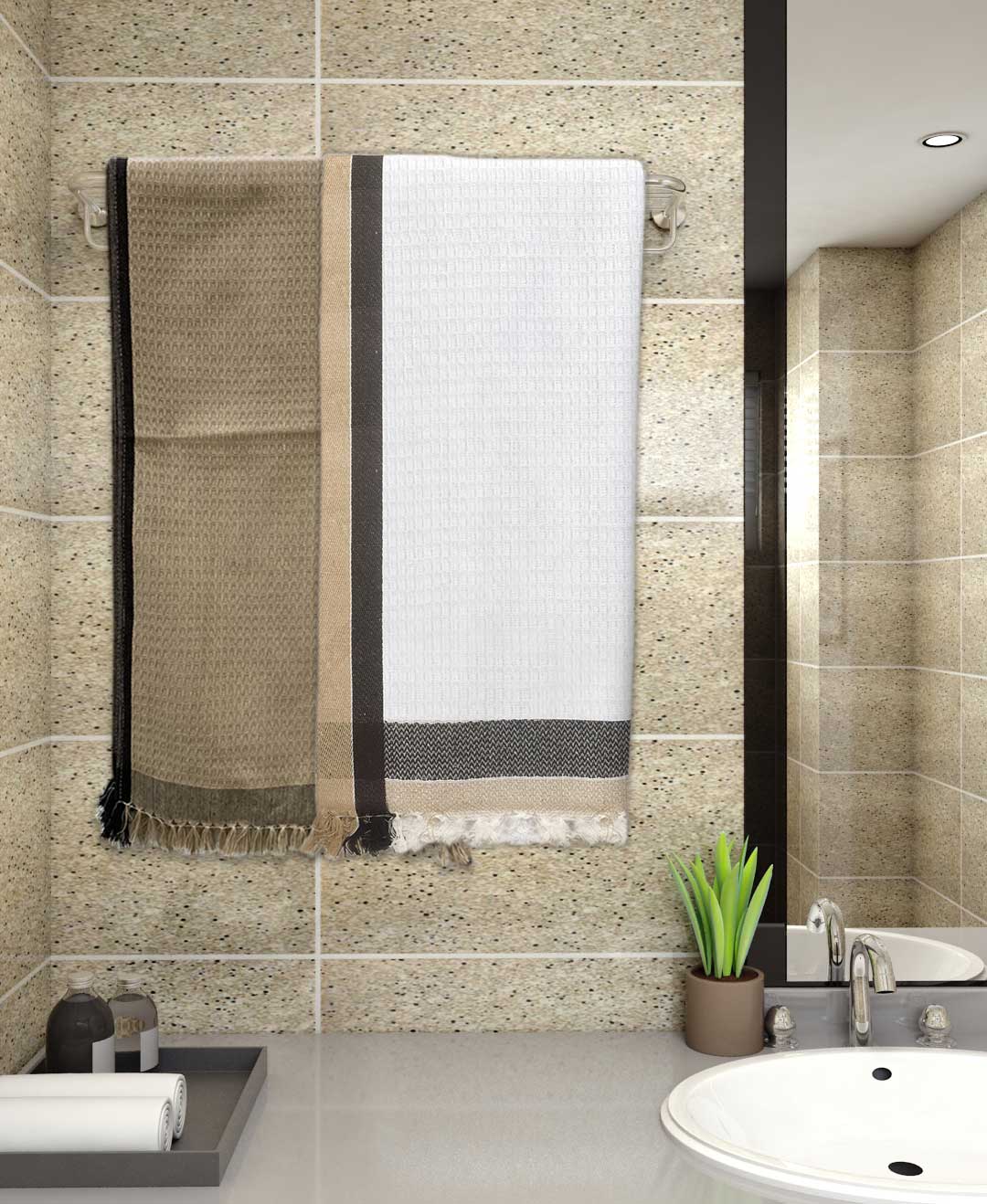 Premium cotton dark brown white bath towels set no