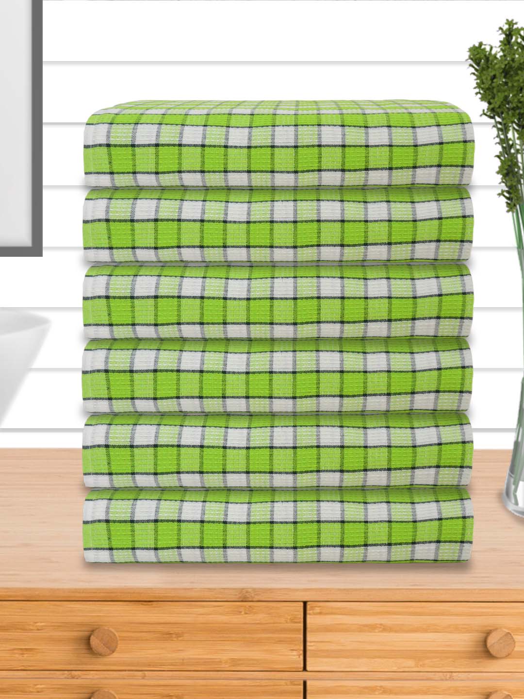 Premium cotton green white checkered bath towels