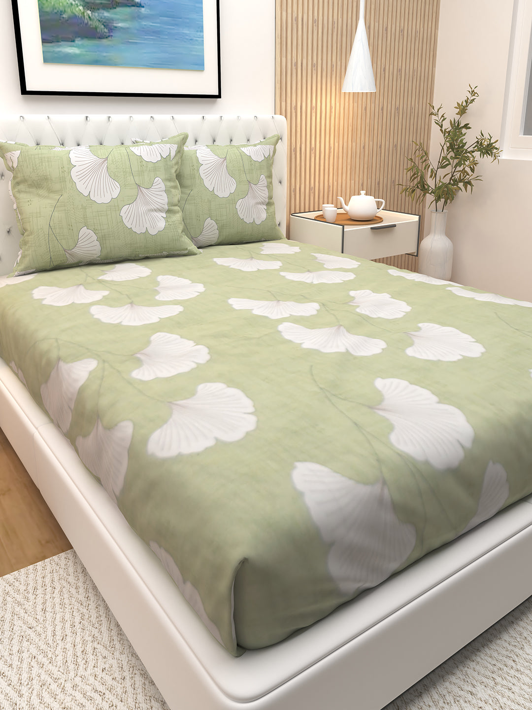 Premium green maple leaves cotton double bedsheet with 2 pillows by Athom Living, soft, breathable, and perfect for cozy bedrooms and stylish home décor.