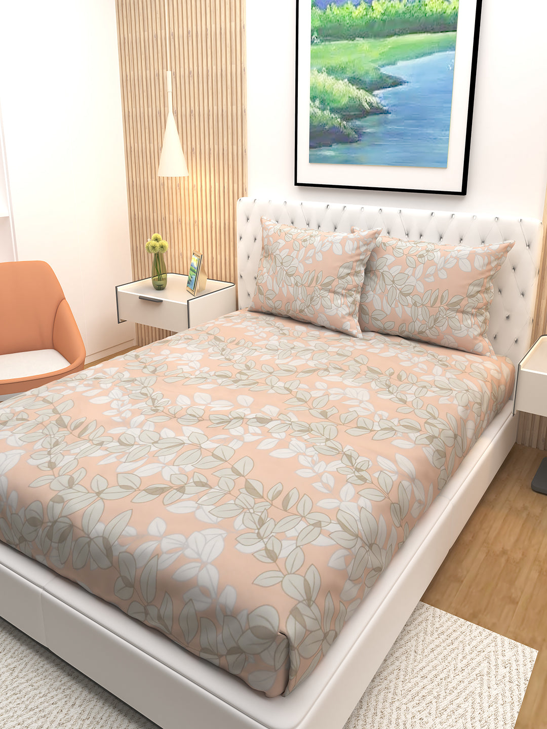 Premium pink and grey leaves design double bedsheet with two matching pillow covers by Athom Living, showcasing a soft, elegant printed bedsheet perfect for enhancing modern bedroom décor.