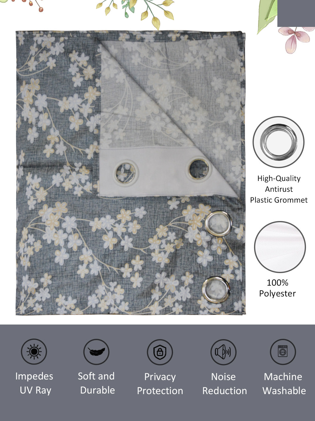 Premium quality Athom Living Dream Collection grey little flowers pattern door drapes set of 2, decorative curtains for stylish modern and classic homes.