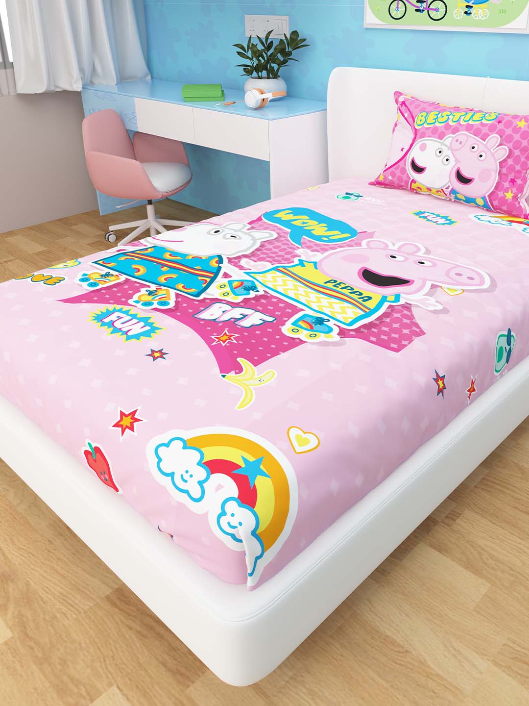 Premium quality Besties Peppa Pig cotton kids single bedsheet with 1 pillow cover by Athom Living, ideal for children who love fun, vibrant, and comfortable bedding options.