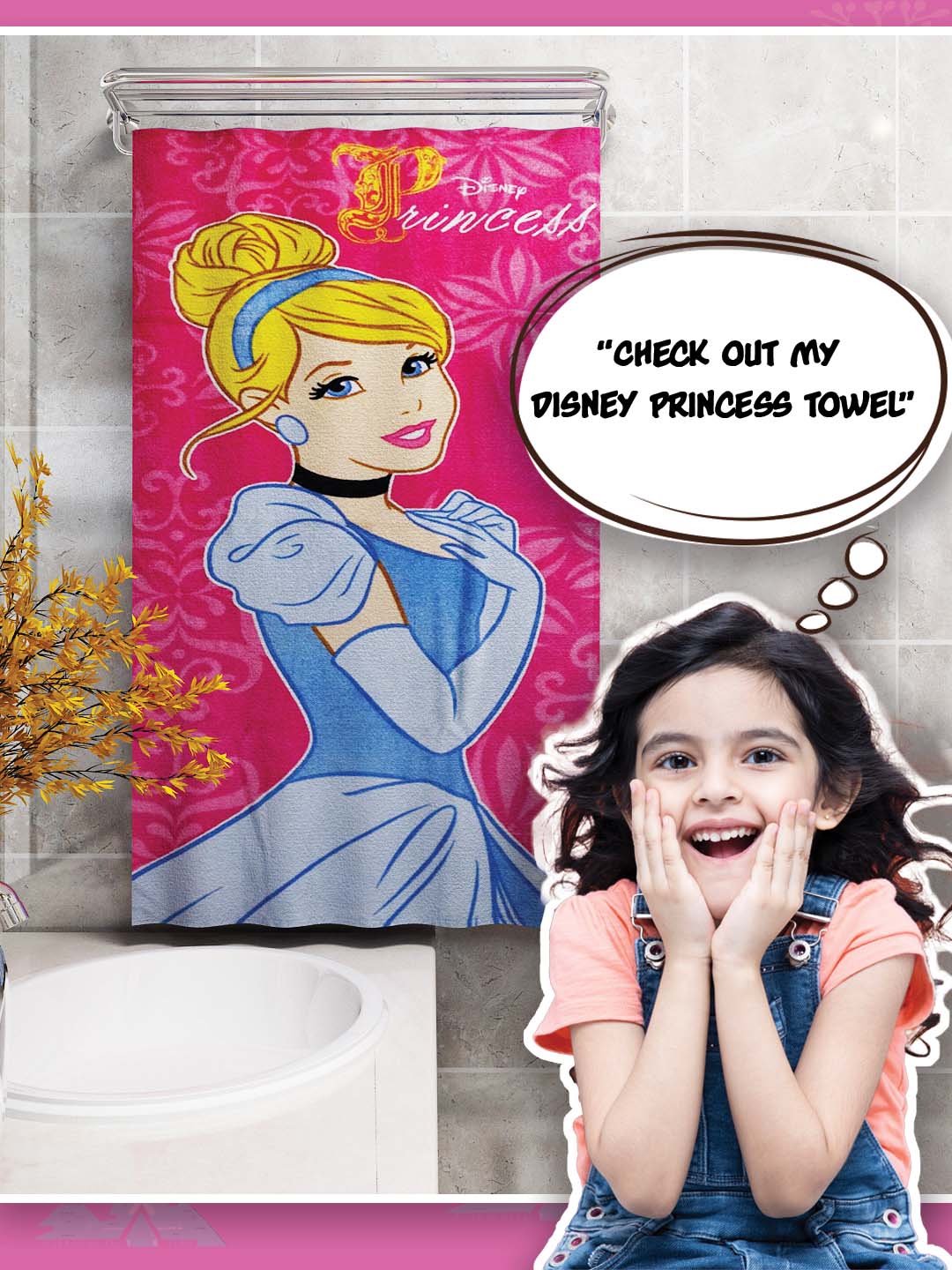 Premium quality Disney Princess kids bath towel, crafted from soft cotton with 350 GSM thickness for superior absorbency and comfort.