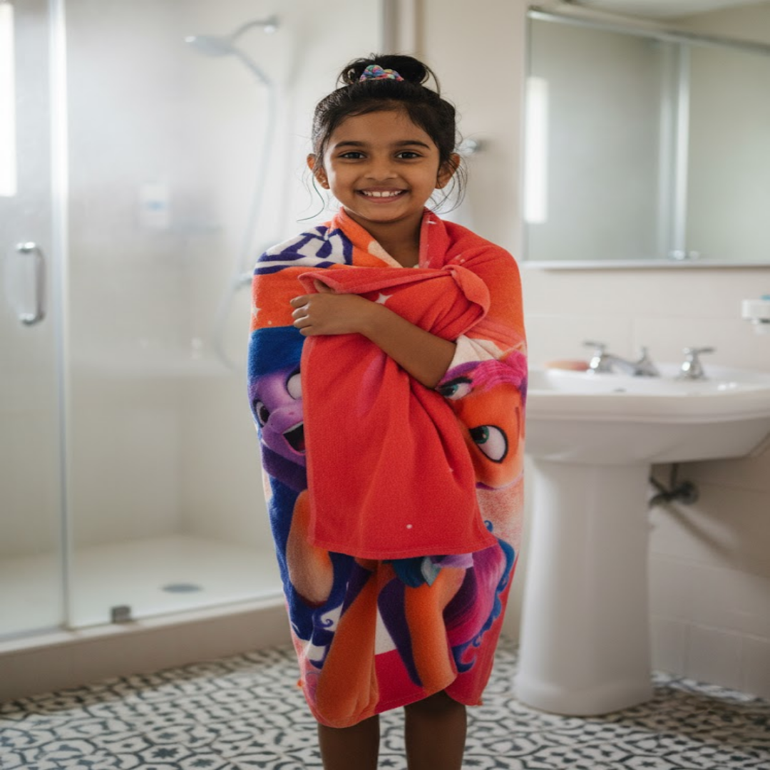 Premium quality My Little Pony kids bath towel and kids doormat combo by Athom Living, offering soft, absorbent fabric and anti-slip mat for safe and enjoyable bath time for children.