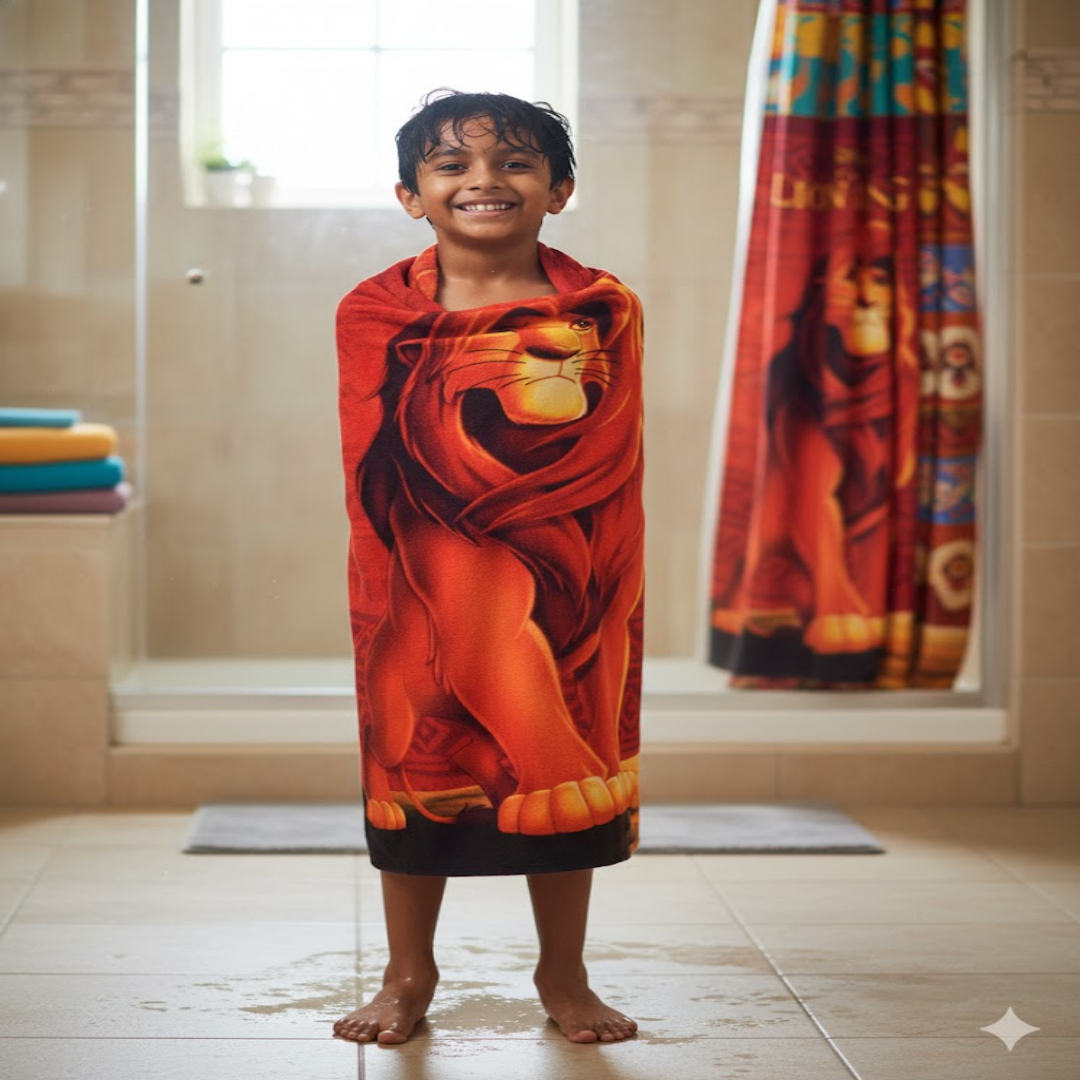 Premium quality kids bath towel and kids runner carpet combo by Athom Living, designed with vibrant Lion King prints to make bath time and playtime enjoyable for children.