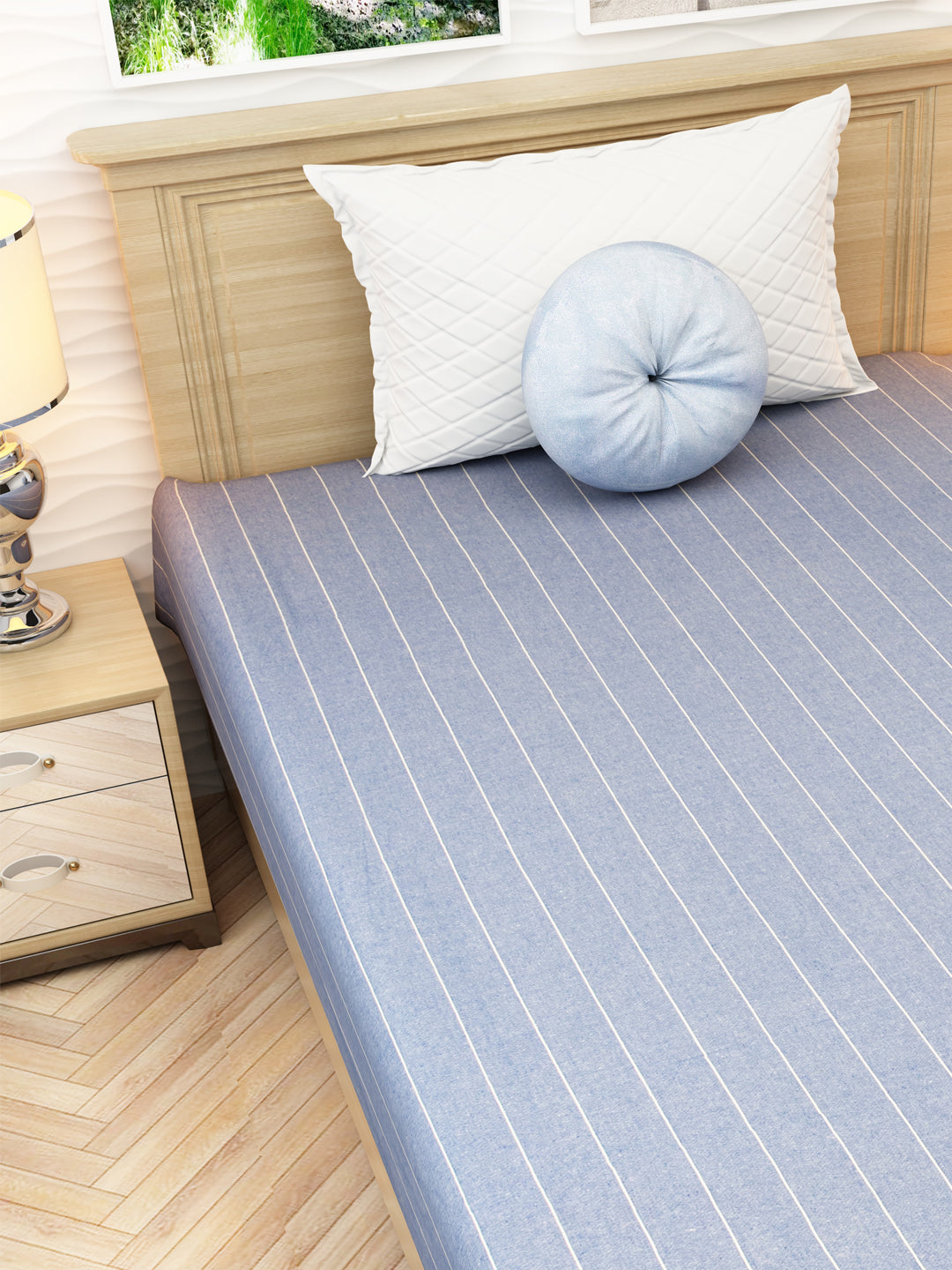 Premium sky blue cotton chaddar by Athom Living featuring summer stripe patterns. Lightweight, soft, and perfect for year-round use, offering a stylish and comfortable addition to any modern bedroom.