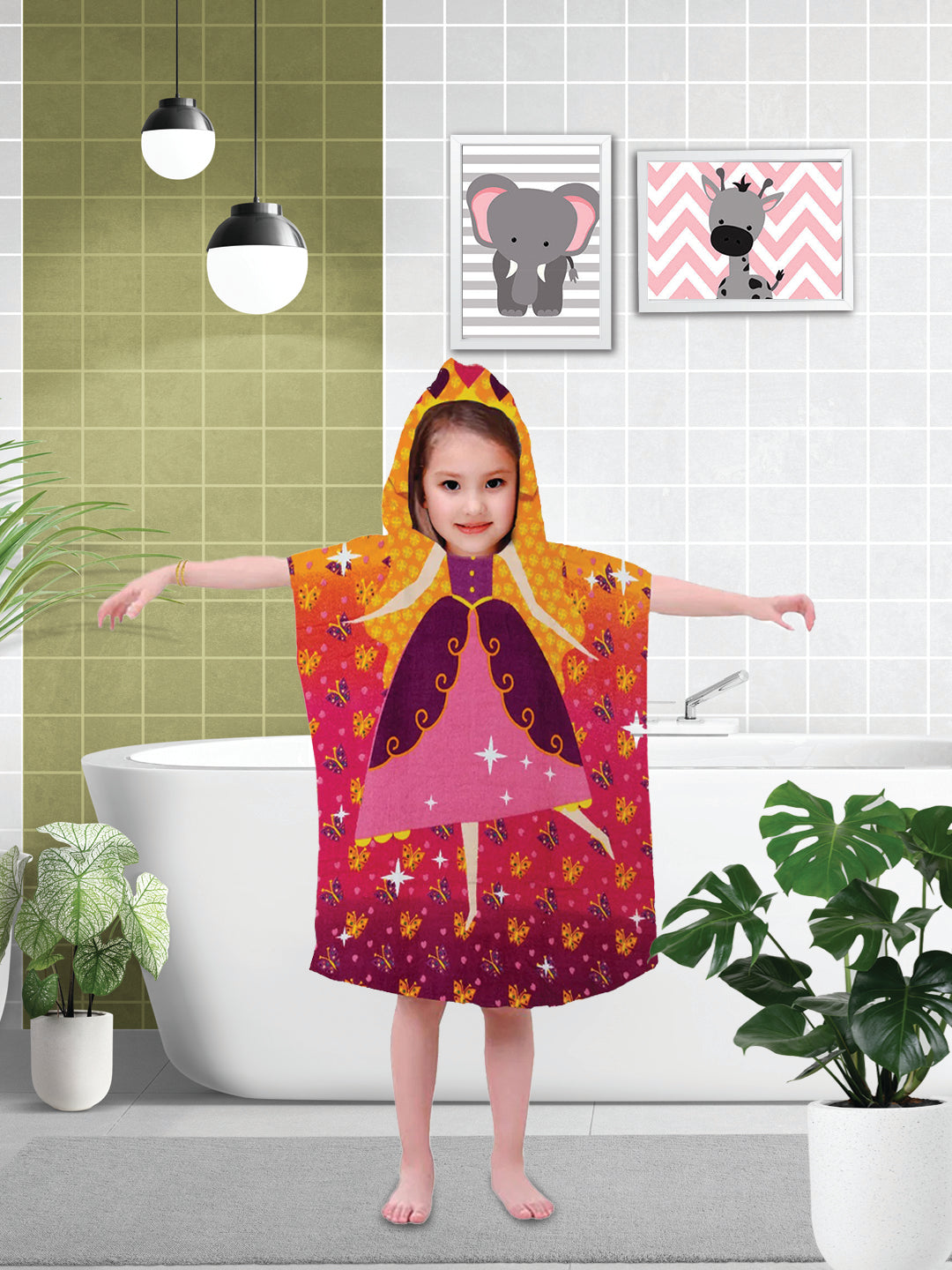 Princess Party Kids Hooded Poncho Towels by Athom Living featuring a soft, absorbent cotton towel poncho with cute princess print, perfect for kids’ bath time, beach, and pool use, offering comfort and style.
