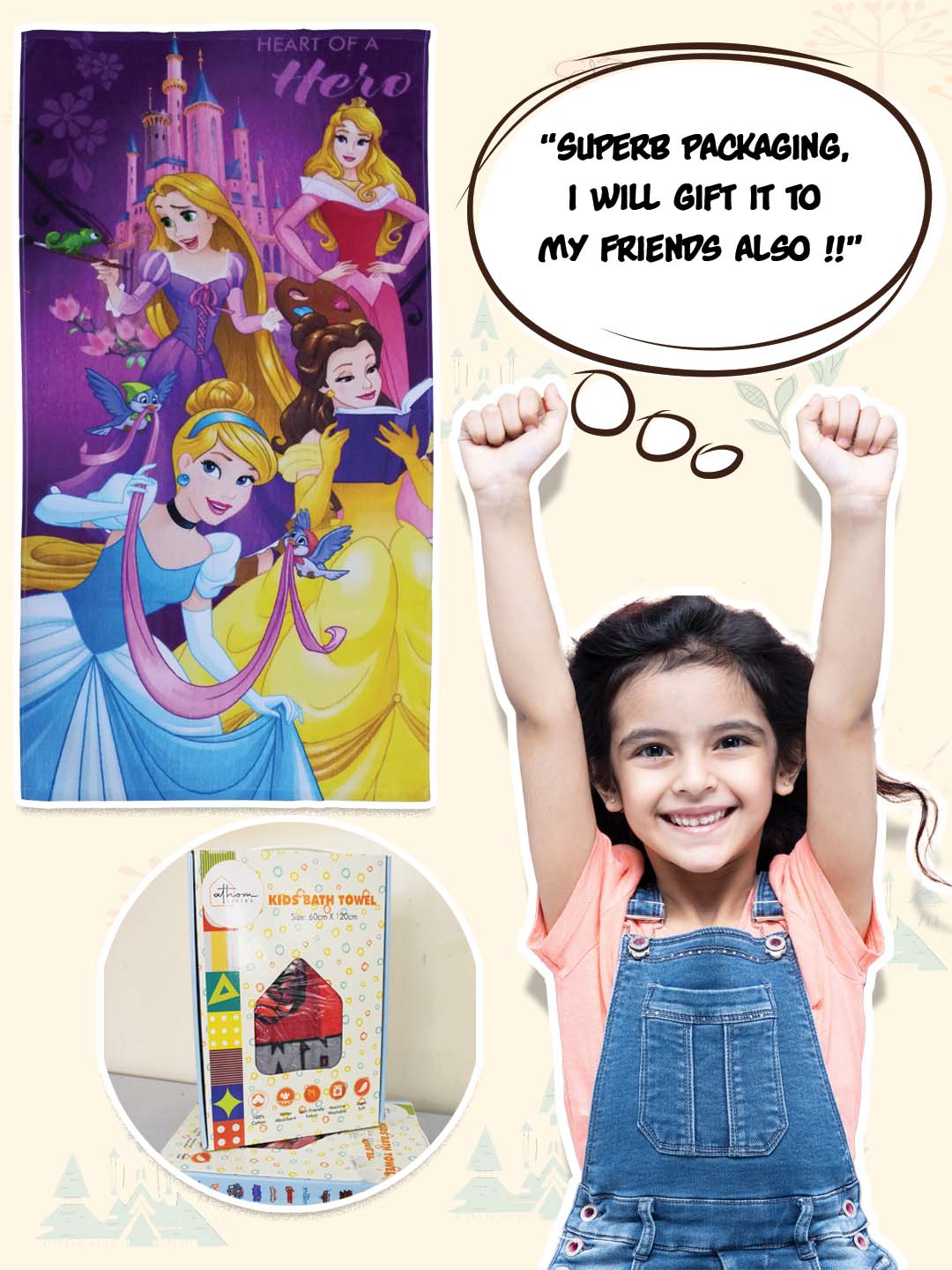 Purple Disney Princess Kids Bath Towel – 100% cotton, 60x120 cm, 350 GSM fabric, cozy, durable, and machine washable.