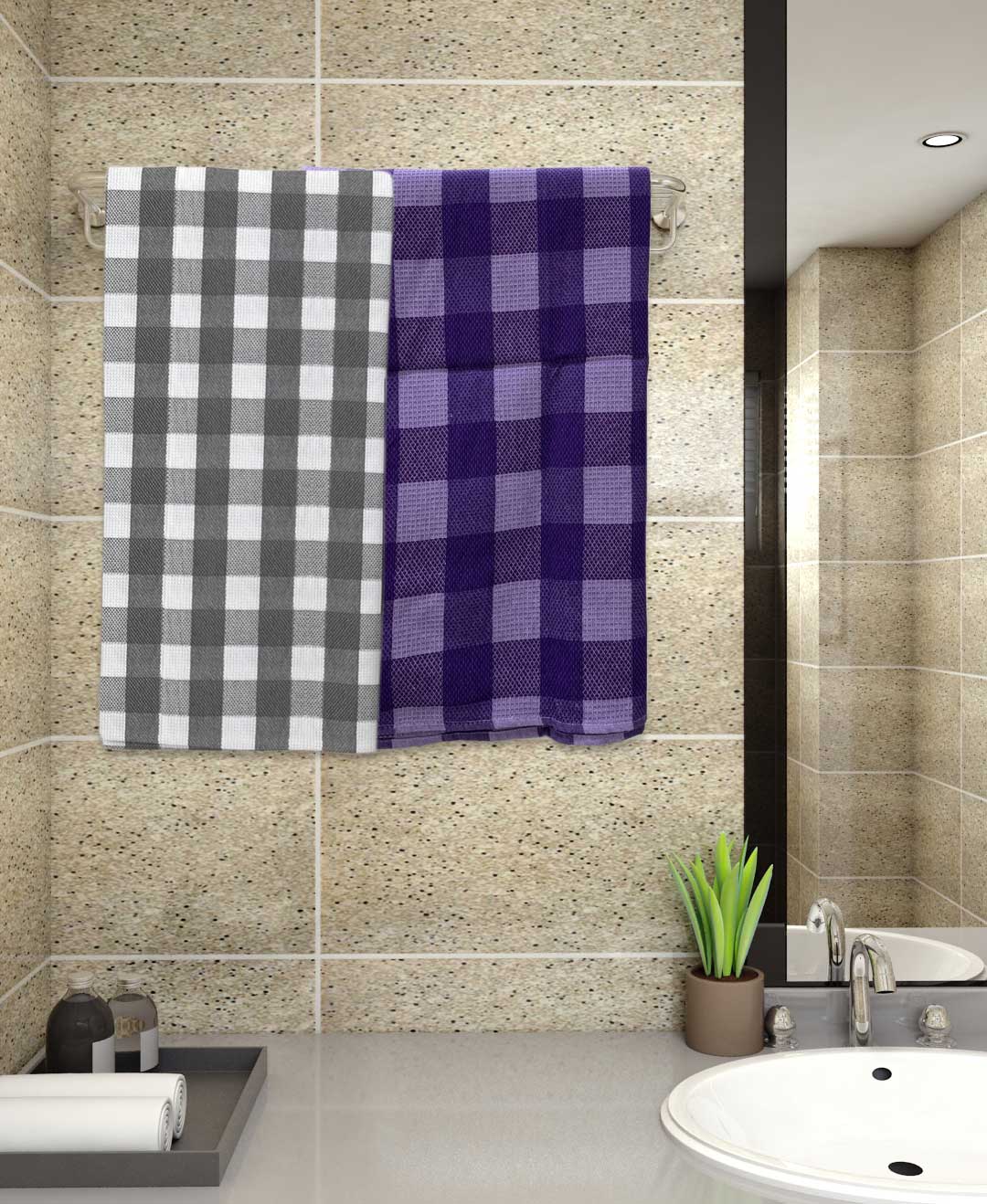 Purple and grey cotton bath towel pack of 2