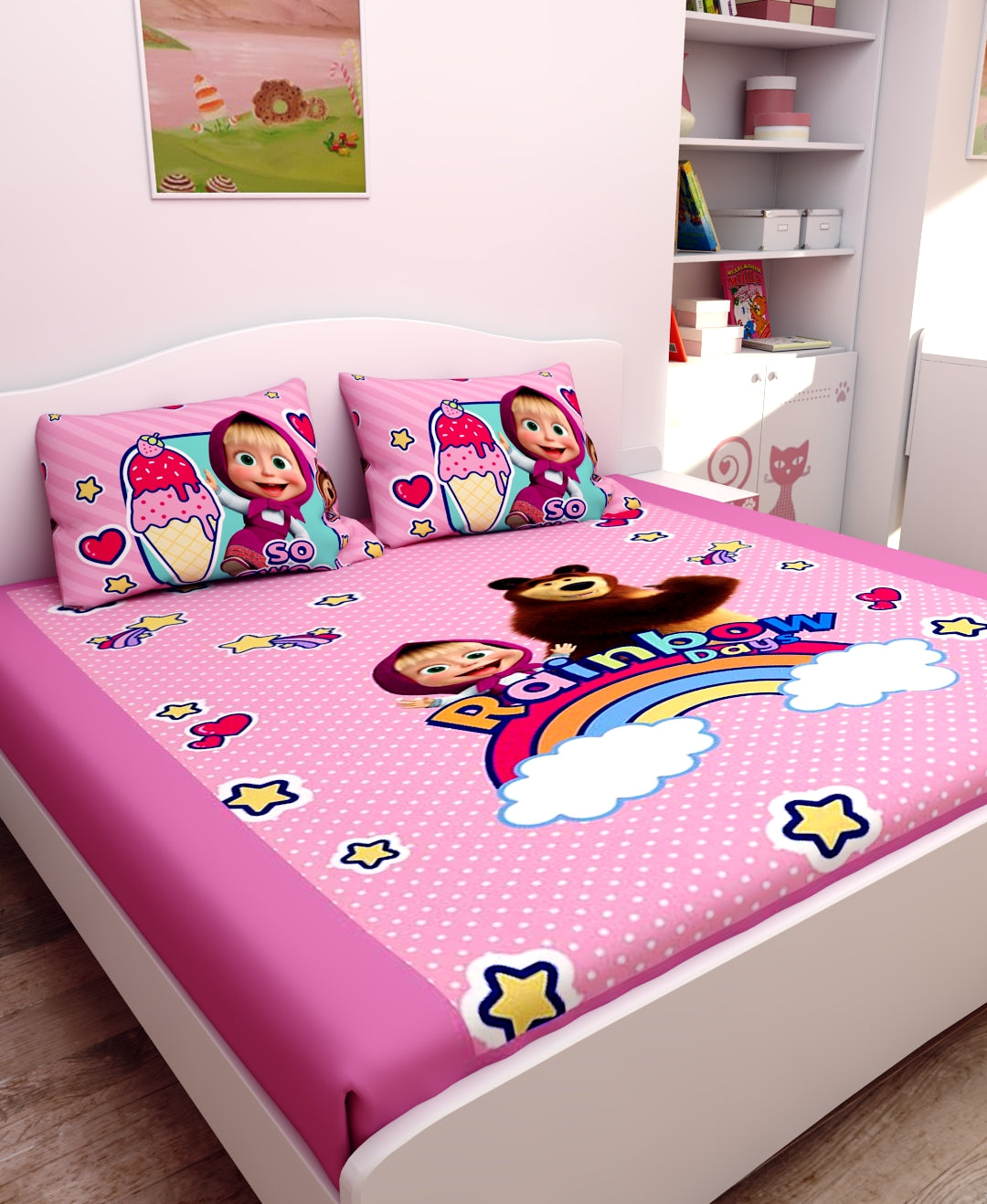 Rainbow Bags Masha and The Bear kids double bedsheet with 2 pillow cover by Athom Living, featuring vibrant cartoon prints, soft cotton fabric, and a colourful design perfect for brightening kids’ bedroom décor.