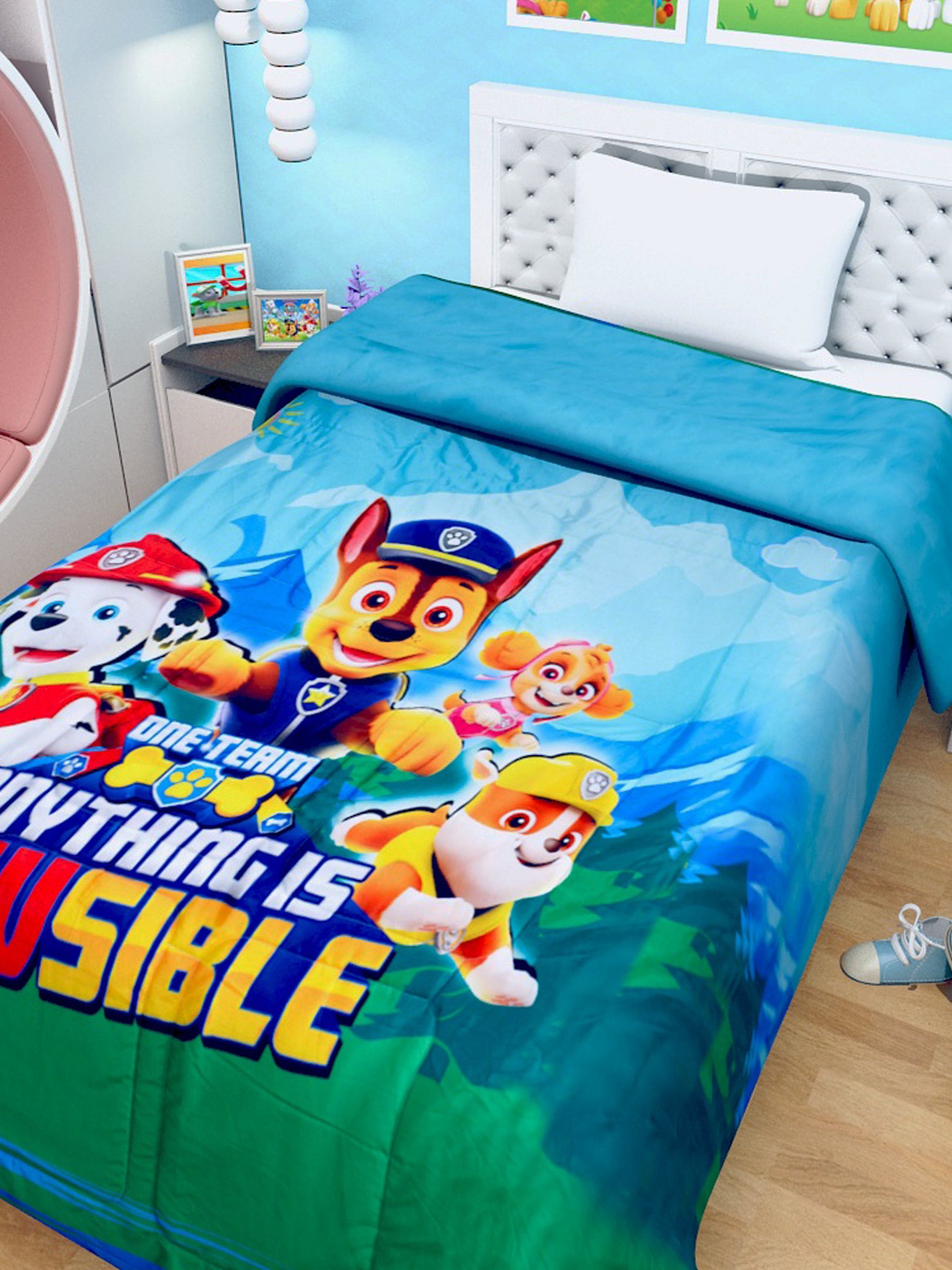 Single-size Paw Patrol kids comforter with colorful “One Team” design – soft, breathable, and durable bedding for kids’ cozy sleep experience by Athom Living.