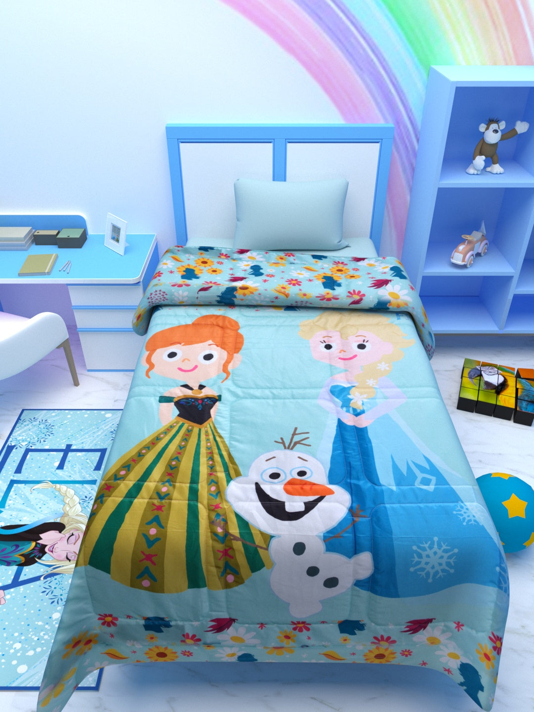 Single kids comforter Disney Frozen – Bright, colorful, and warm comforter with Frozen sisters and Iceman by Athom Living.