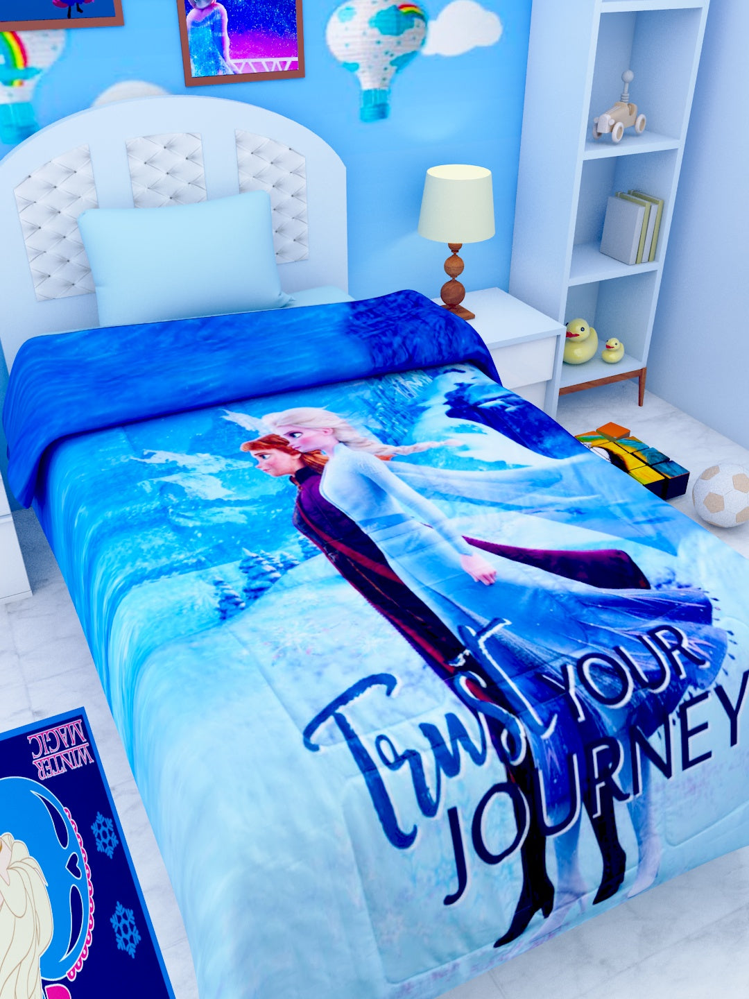 Single kids comforter with Disney Frozen Sisters design – "Trust Your Journey", premium cozy bedding by Athom Living.