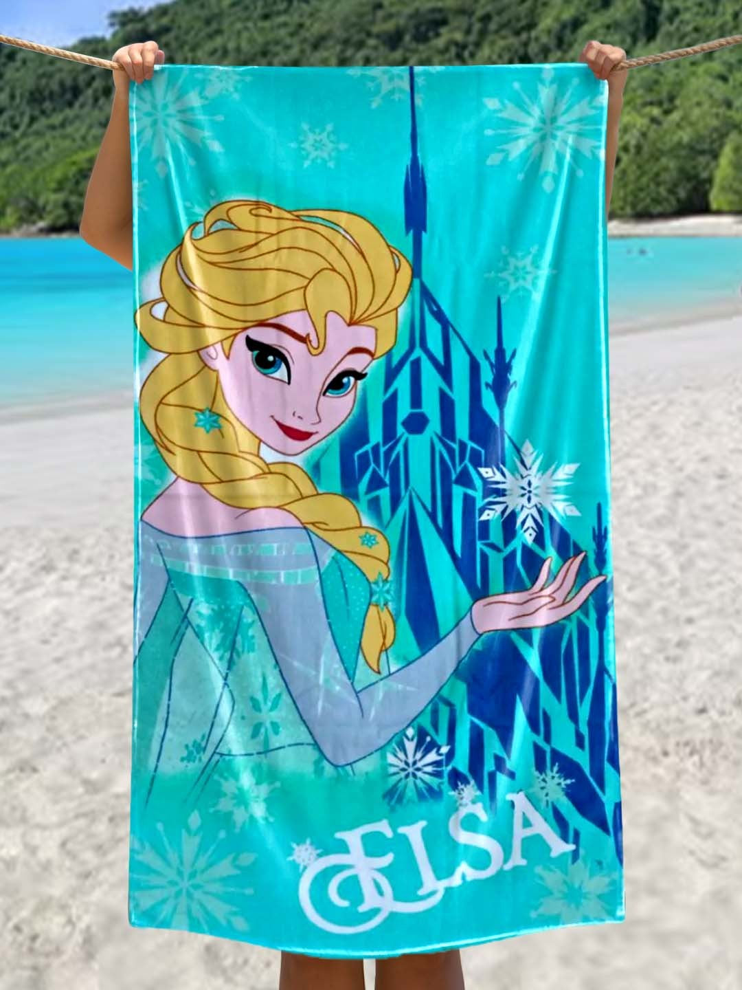 Soft Disney Frozen Elsa kids bath towel in premium cotton, 350 GSM, 60x120 cm. Perfect for kids’ bath time, skin-friendly, absorbent, and easy to wash.