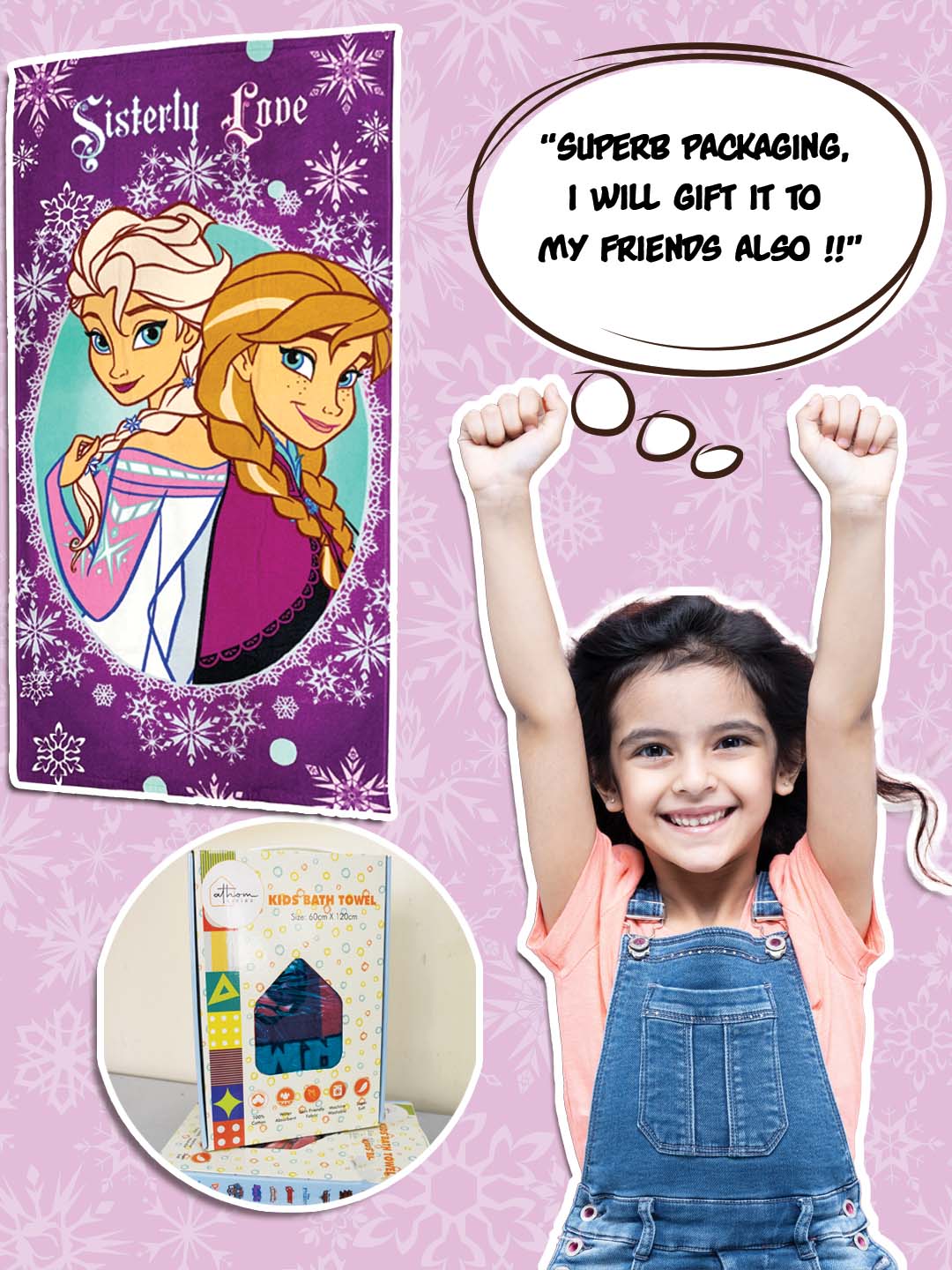 Soft Disney Frozen kids cotton towel 350 GSM, Sisterly Love print, 60x120 cm, quick-dry, absorbent towel by Athom Living.