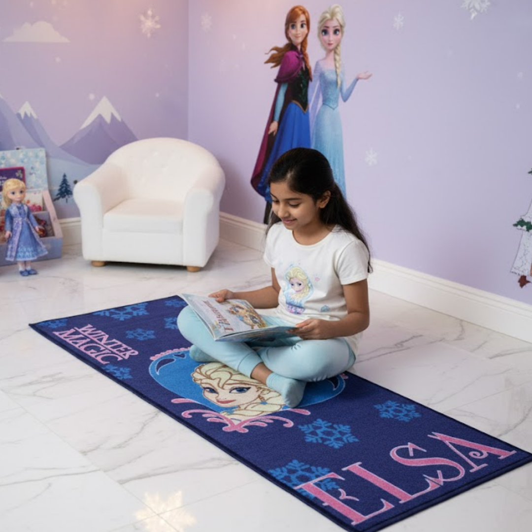 Soft, absorbent Disney Frozen Elsa kids bath towel and kids runner carpet combo-pack by Athom Living, making bath time fun while adding a decorative touch to kids’ rooms.