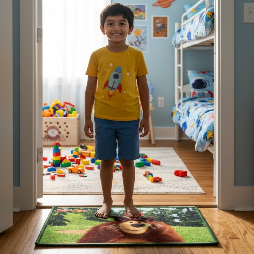 Soft, absorbent kids bath towel and kids doormat set with Masha and The Bear print, ideal for nursery or kid’s bathroom, combo-pack of 2 by Athom Living for everyday use.