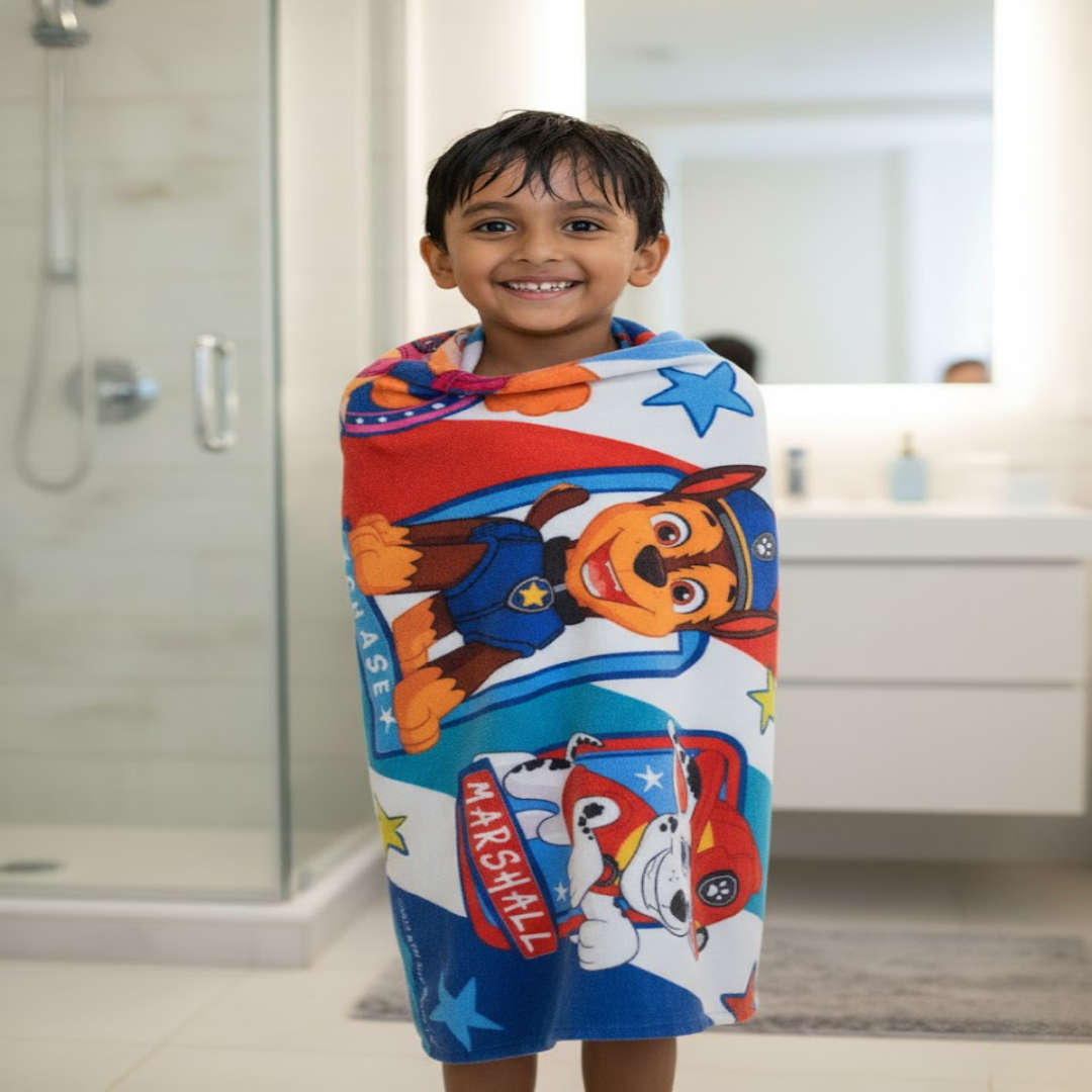 Soft and absorbent Paw Patrol kids bath towel and kids runner carpet set by Athom Living, ideal for toddlers and kids, adding fun and comfort to your child’s daily routine.